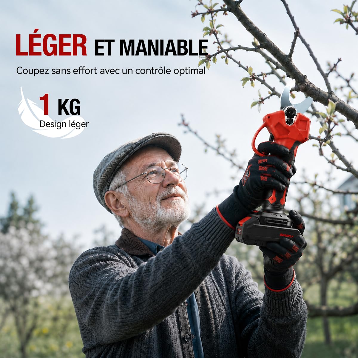 SOARFLY Sécateur Électrique Sans Fil, Sécateur Électrique, Akku Gartenschere 35 mm, 450W Brushless Motor, 2 x 21V Akku, SK5 Stahlklinge, LCD Anzeige, Für Obstbäume Gartenpflanzen Reben, Rouge