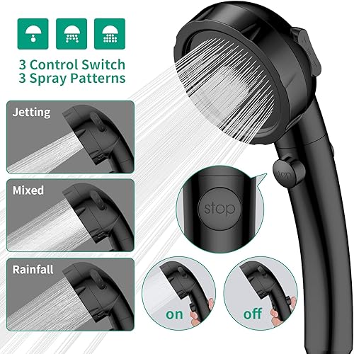 Miniatura 3 de HEROBAI Cabezal de ducha de alta presión con mano, ducha de encendido y apagado para caravana, cabezal de ducha de ahorro de agua con botón de