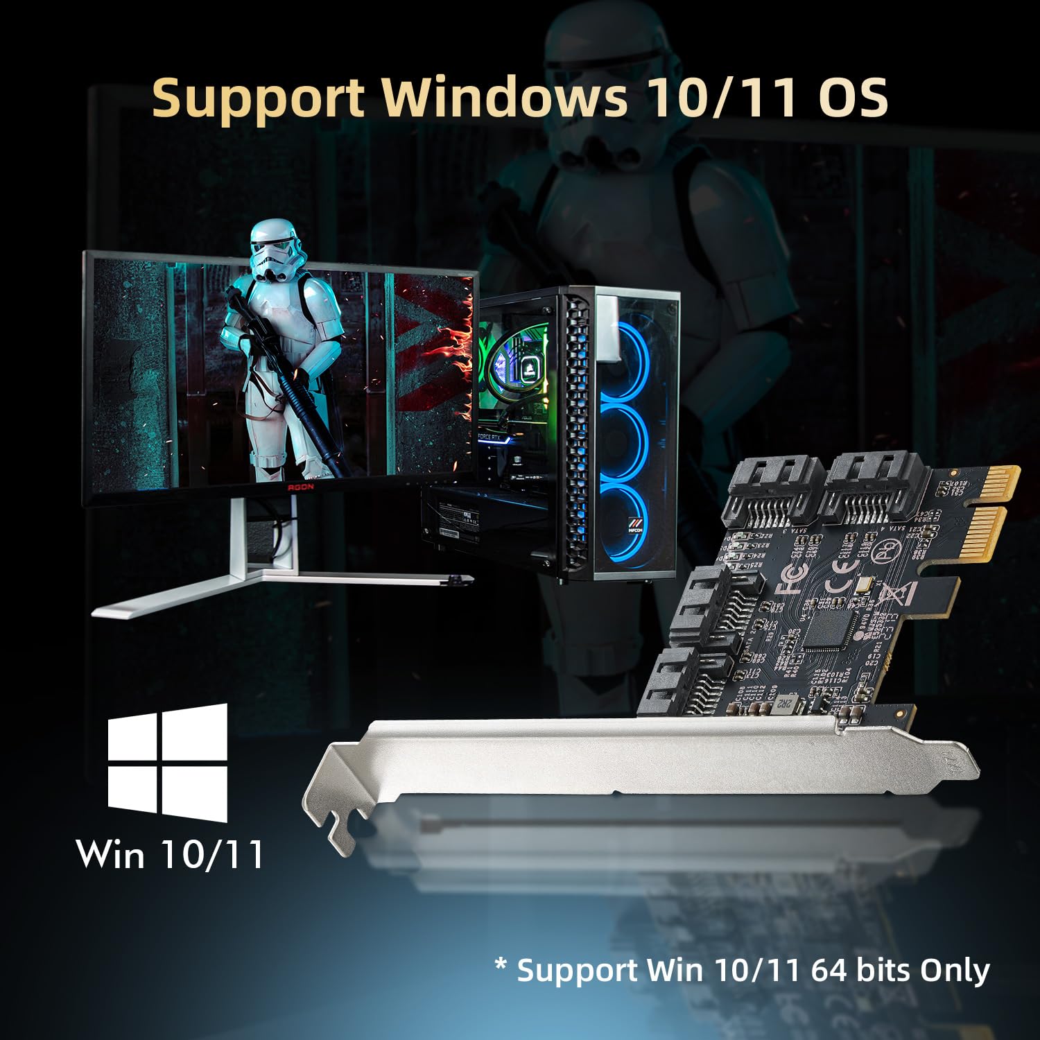 Binardat Tarjeta PCIE X1 a SATA de 4 Puertos, Controlador de 6 Gbps, 4 Cables y Soporte de Perfil Bajo, para Windows 10/11