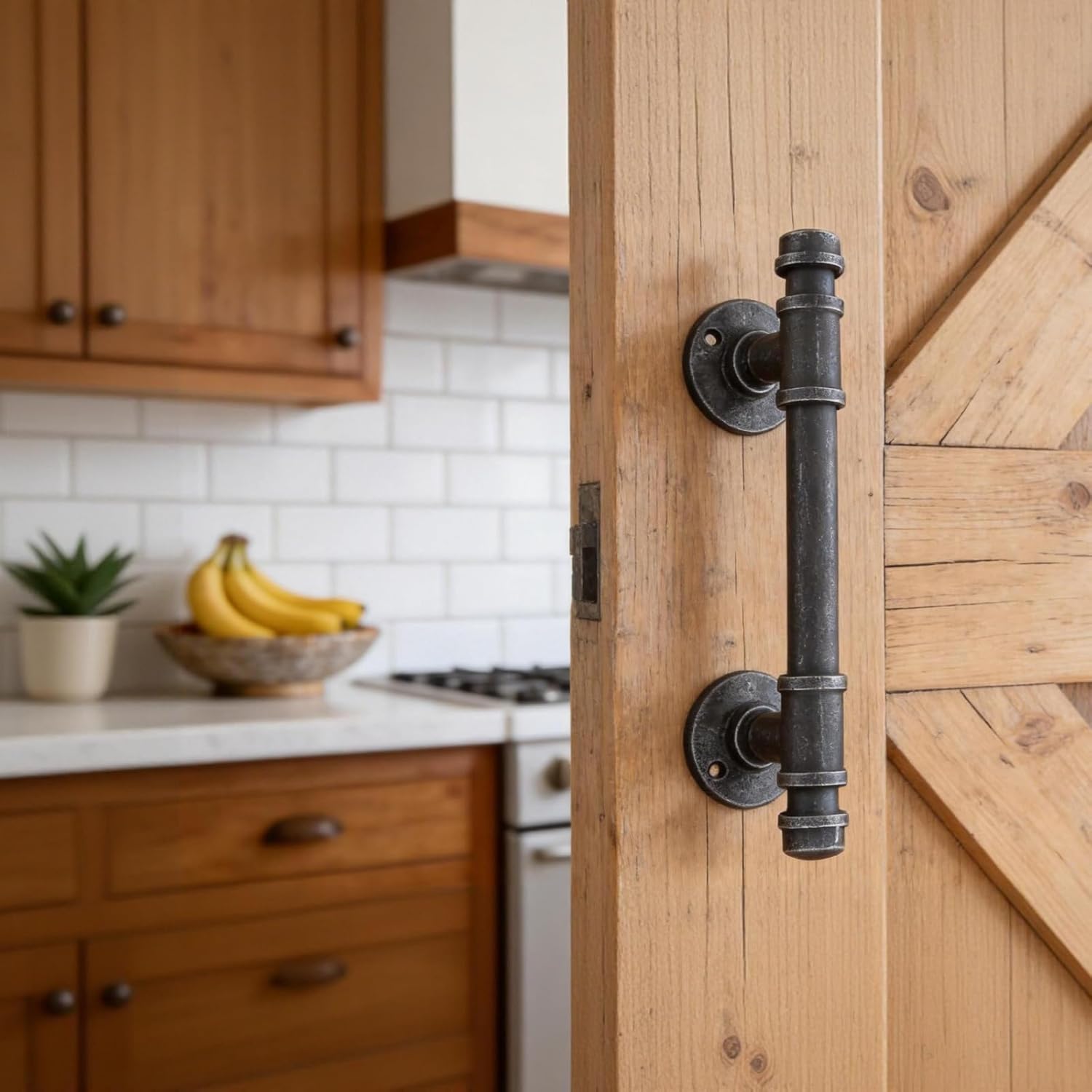 Industrial Pipe Barn Door Handle and Pulls,Rustic Exterior Interior Door Pull Handle,Iron Front Sliding Gate Hardware,Black Brush Silver 12in(2pcs)