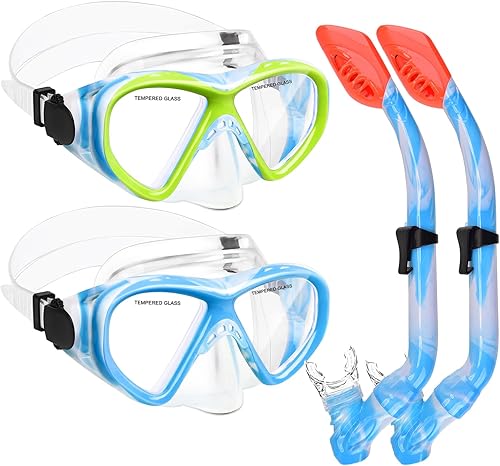 2 Sets Snorkeling Gear for Kids, Kids Snorkel Set for Ages 6-14, Dry Top Snorkel Mask Set for Youth Boys Girls Junior, Tempered Glass Diving