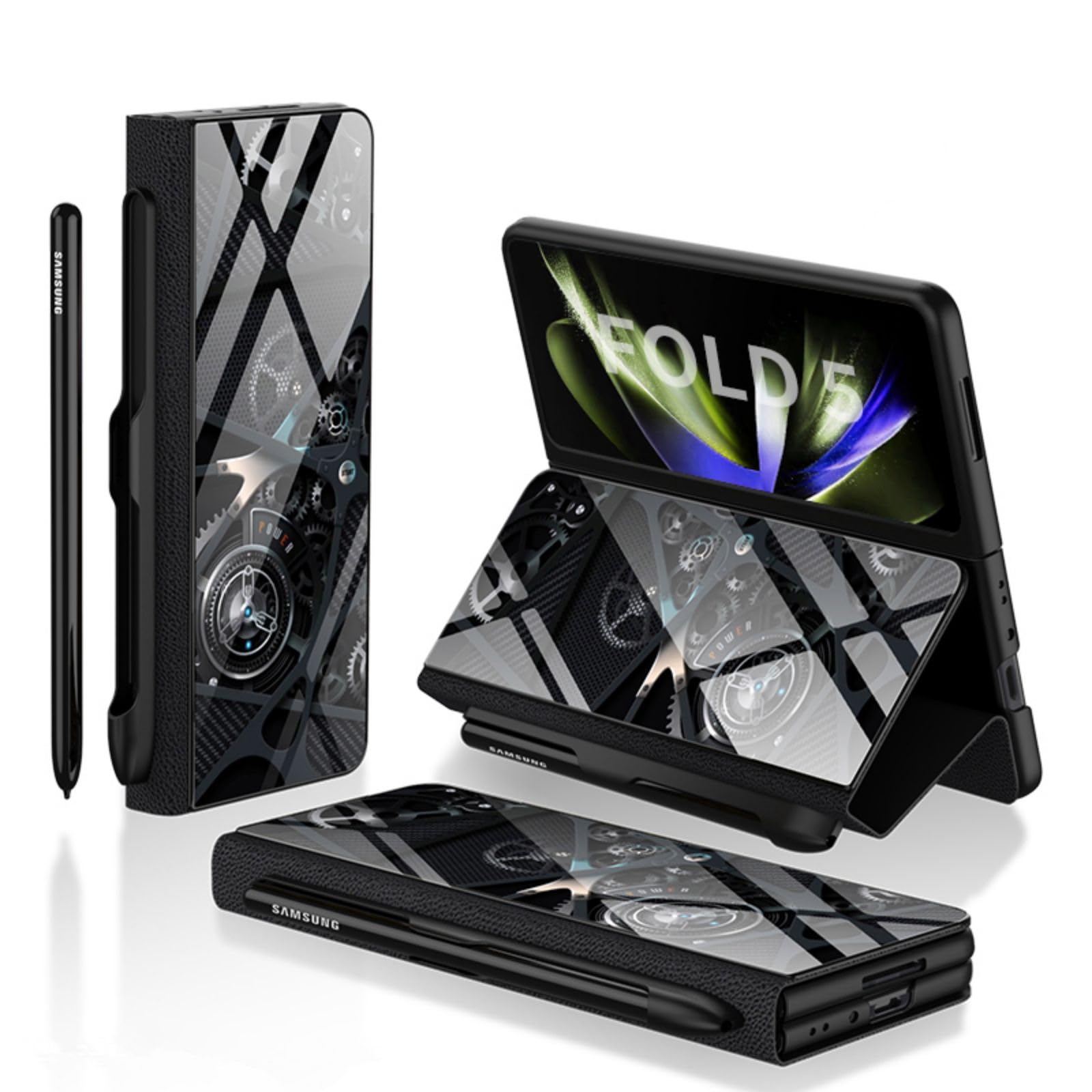 Custodia Etui do Z Fold5 etui z klapką + otwór na długopis, stojak, skóra folio, szklany blat, osłona przednia, etui na telefon komórkowy z klapką do Samsung Galaxy Z Fold5 (18)