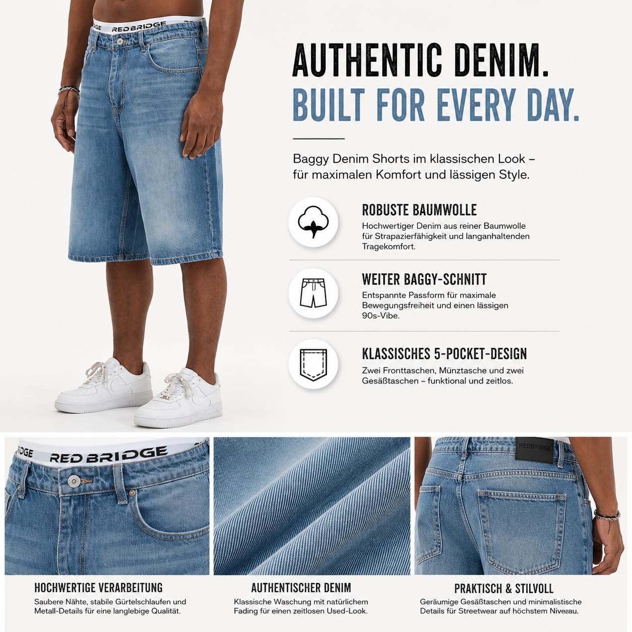 Redbridge Short en jean baggy pour homme - Short en denim large au look usé des années 90 - Bermuda décontracté en coton - Surdimensionné - Streetwear d'été