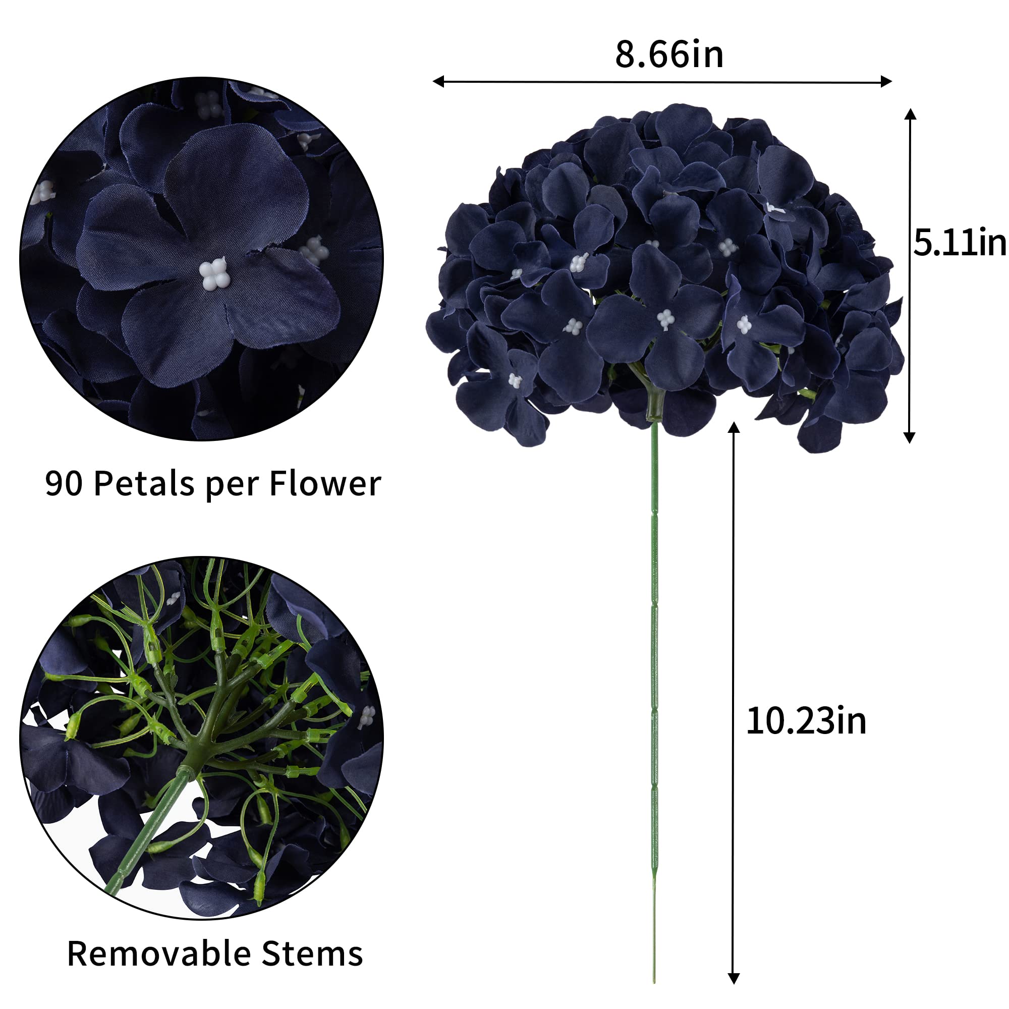 DuHouse Artificial Bigger Silk Hydrangea Flower Heads with Stem Realistic Fake Hydrangea Flower Bouquets for Wedding Home Party Garden Centerpiece Pack of 6(Navy Blue) - Image 2