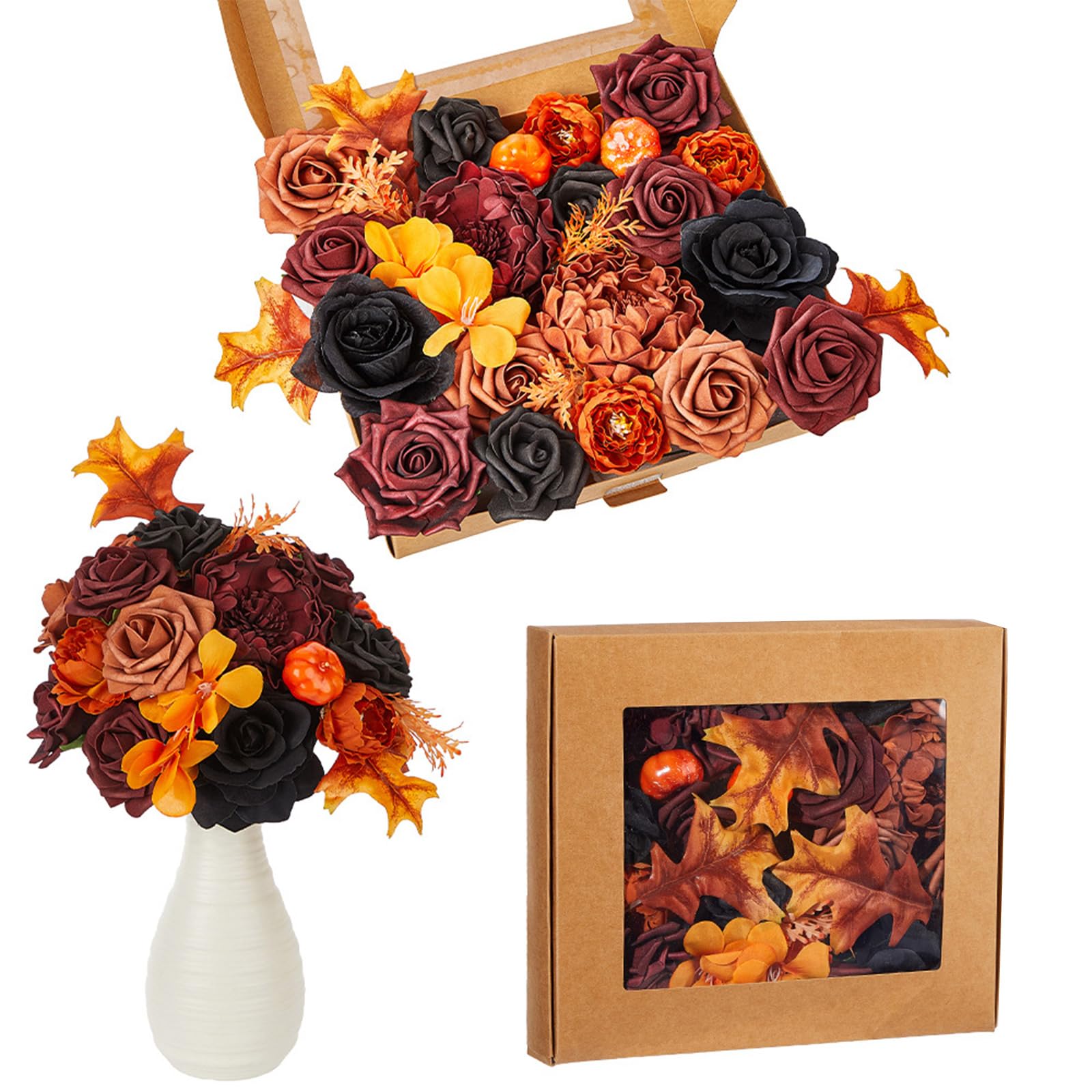 Hsioluted Halloween Flower Case with Pumpkin, Artificial Flower Arrangement for Halloween, Valentines Day, Photography Props Artificial Rose for Decorations Bouquets
