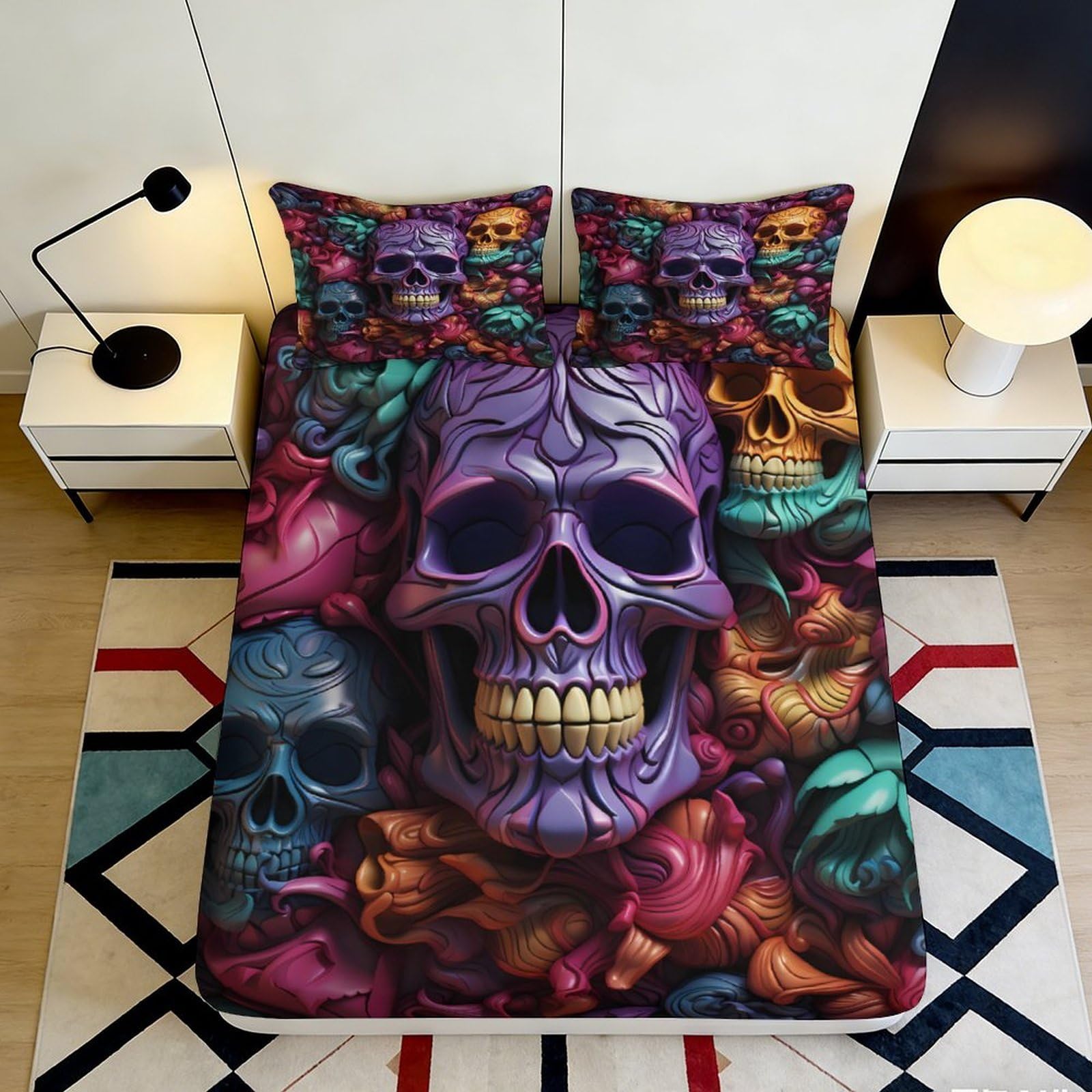 3D Printed Colorful Skull Fitted Sheet Microfiber Bedroom Decor Gothic Skull Mattress Cover for Home Dorm 90x200x25cm