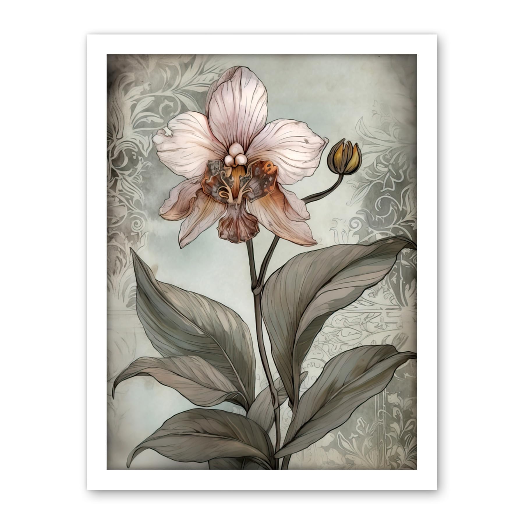 Artery8 Art Nouveau Pink Orchid Bloom Flower Watercolour Artwork Framed Wall Art Print 18X24 Inch