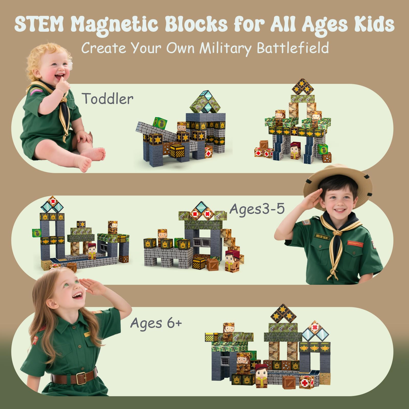 Magnetic Blocks 100PCS Magnetic Tiles Military Building,Kids Classroom Sensory Toy for Toddlers STEM Learning, Construction Stacking Toy for Kids 3+ Boys and Girls Christmas Birthday Gifts Toys