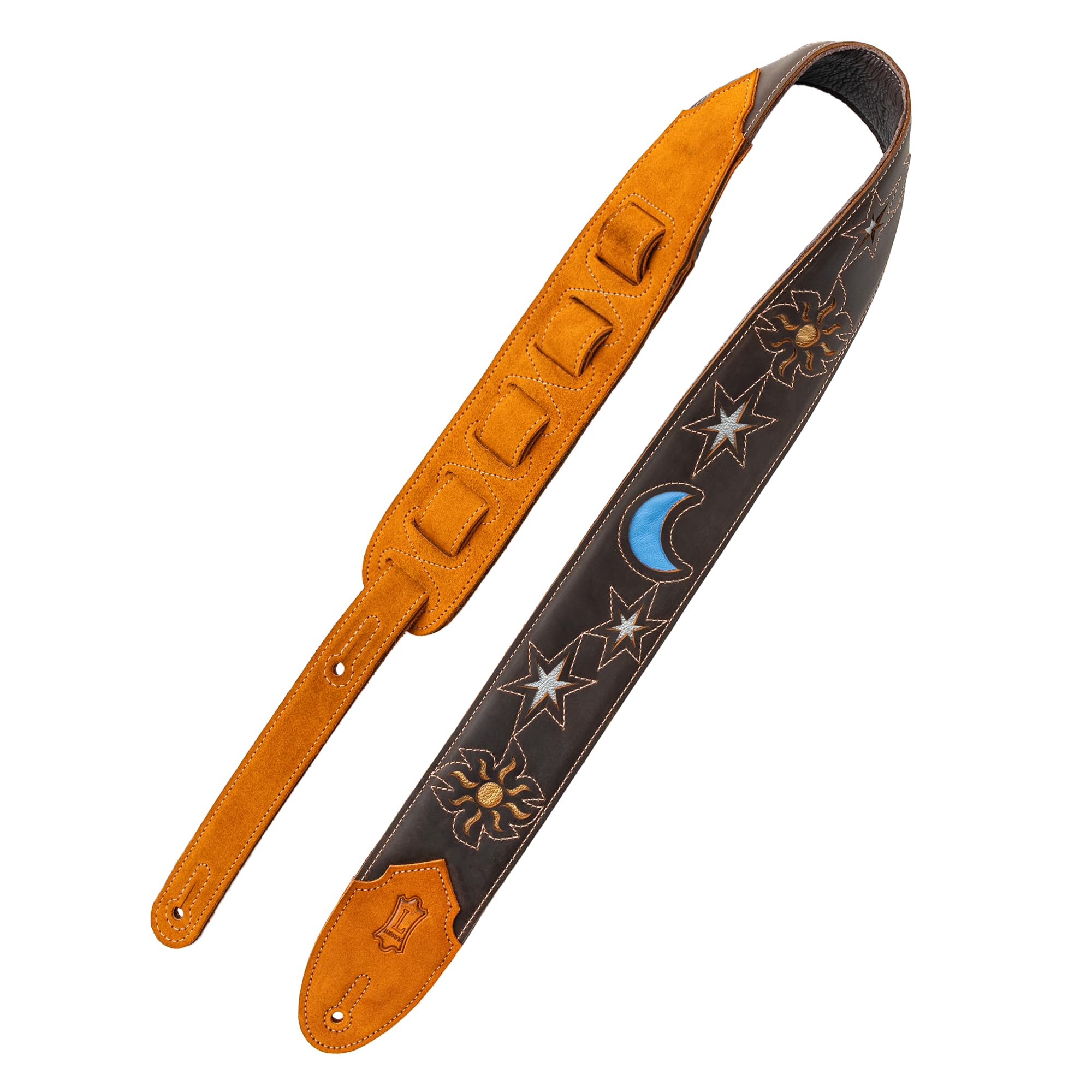 Levy's Leathers Sunbird Series Guitar Strap with Vibrant Multi-layered Sun and Moon Design, Featuring Genuine Dark Brown Suede Leather Ends (M4MN-DBR)