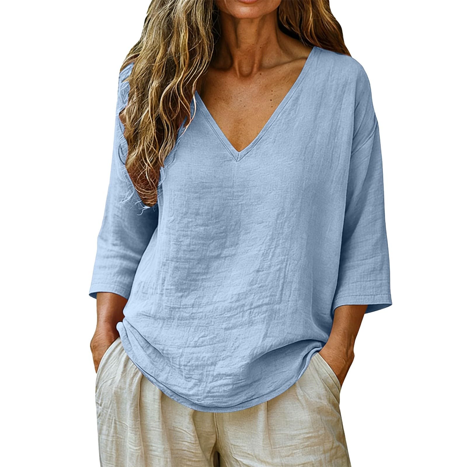 Nidddiv Blusa de lino para mujer, verano, manga 3/4, manga corta, muselina, camiseta de lino, cuello en V, elegante, algodón y lino, camiseta informal de verano, blusa holgada, blusa ligera y aireada