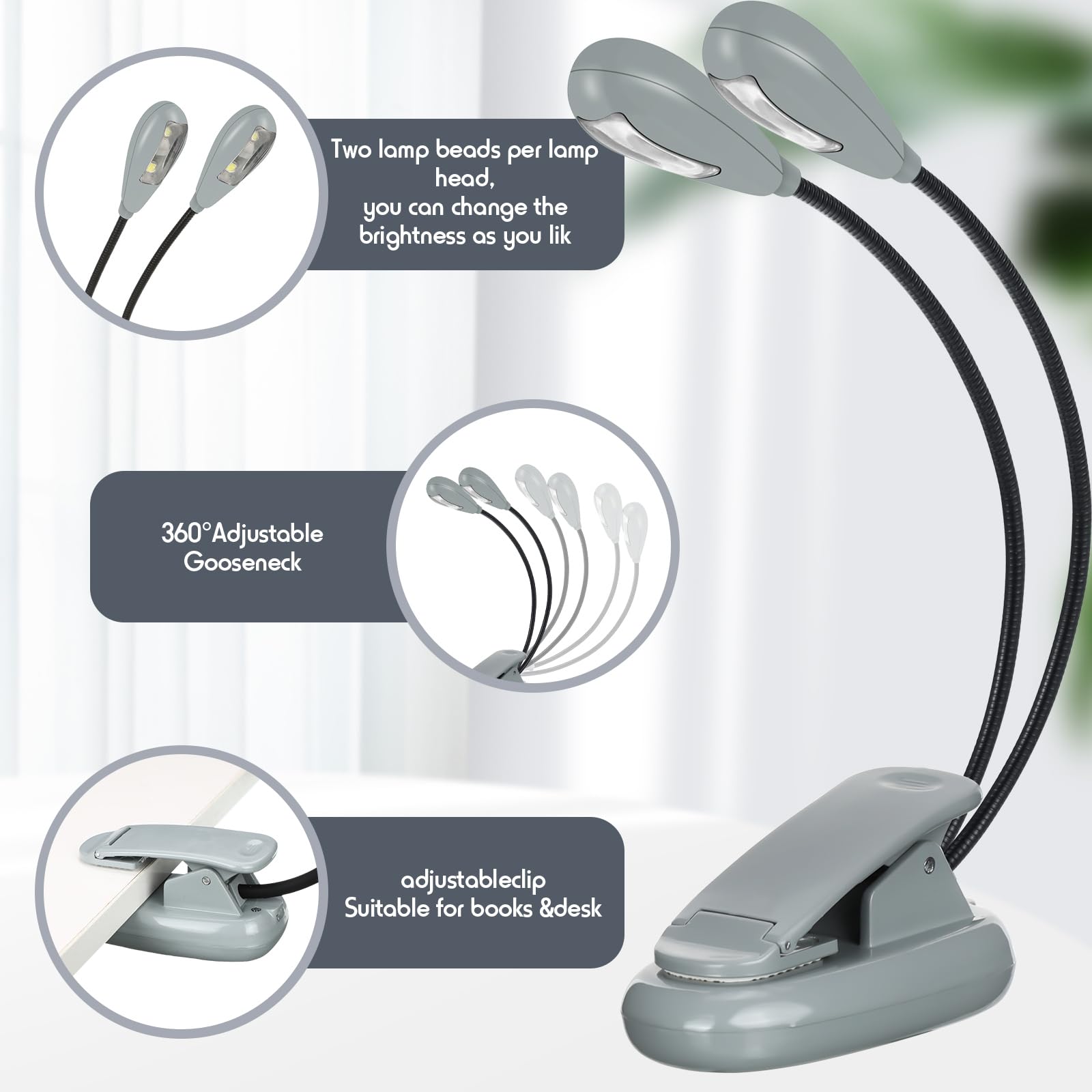 Retisee 6 luces LED de lectura con clip para soporte de música, funciona con pilas AAA, 3 niveles de brillo, ideal para músicos, pianistas, niños, batería AAA no incluida, gris plateado
