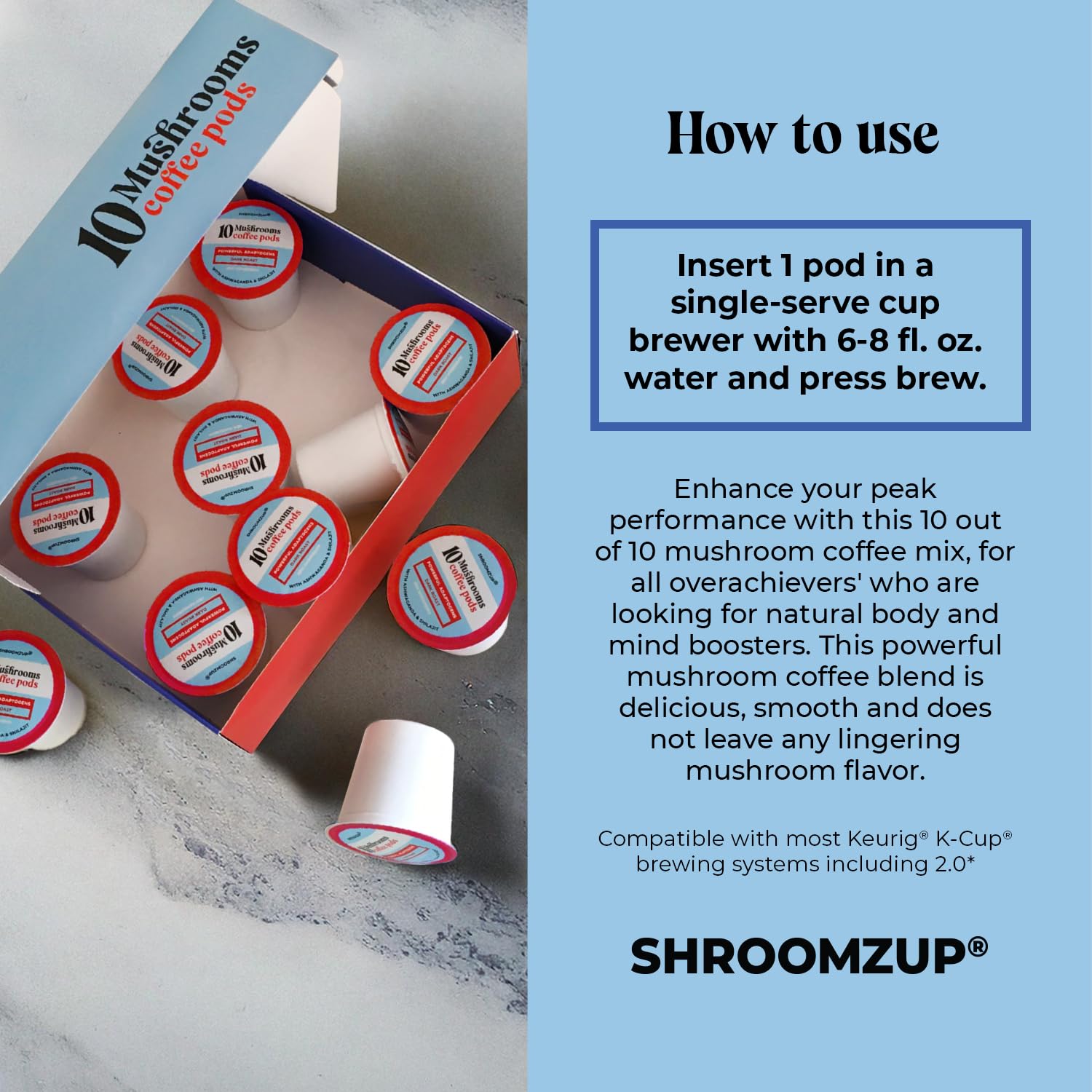 Shroomzup Mushroom Coffee K Cups 12 Pods - 10 Mushroom Coffee with Ashwagandha and Shilajit - Dark Roast Single Serve K-Cup Pods - Image 5