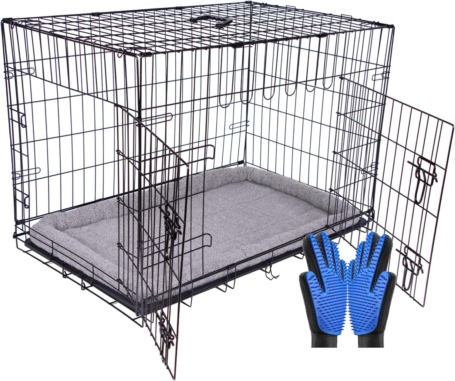 Pretty Pooch Dog Crate Cage Puppy Cat Pet Training Carrier Metal Folding with Tray Double Door and Bed With Two Grooming Gloves (Large)