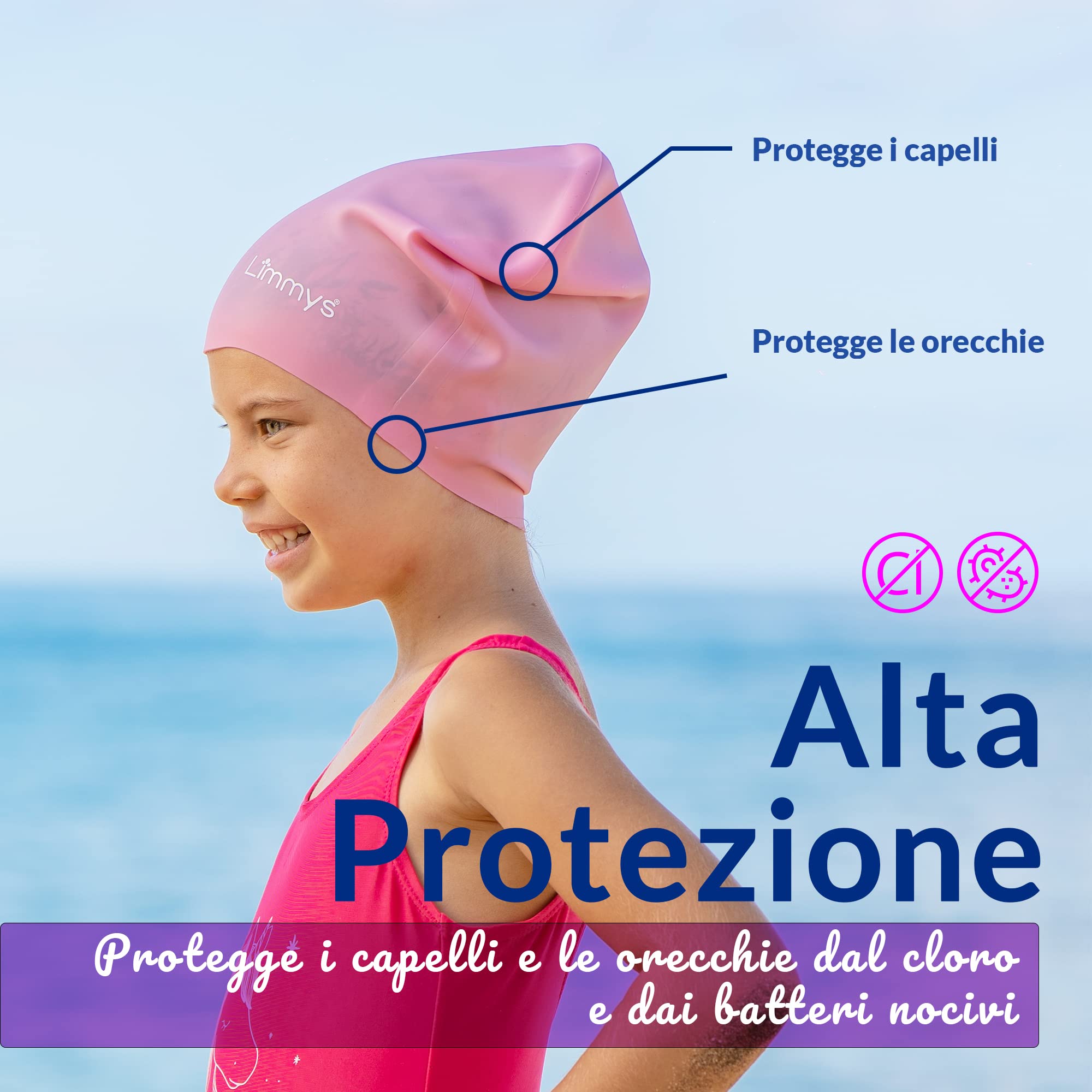 Limmys Cuffia Piscina Bambini - Cuffia Piscina per Capelli Lunghi, Trecce, Dreadlocks - Cuffia Nuoto 100% Silicone di Qualità Superiore, Elastica e Comoda - Disponibile in Diversi Colori