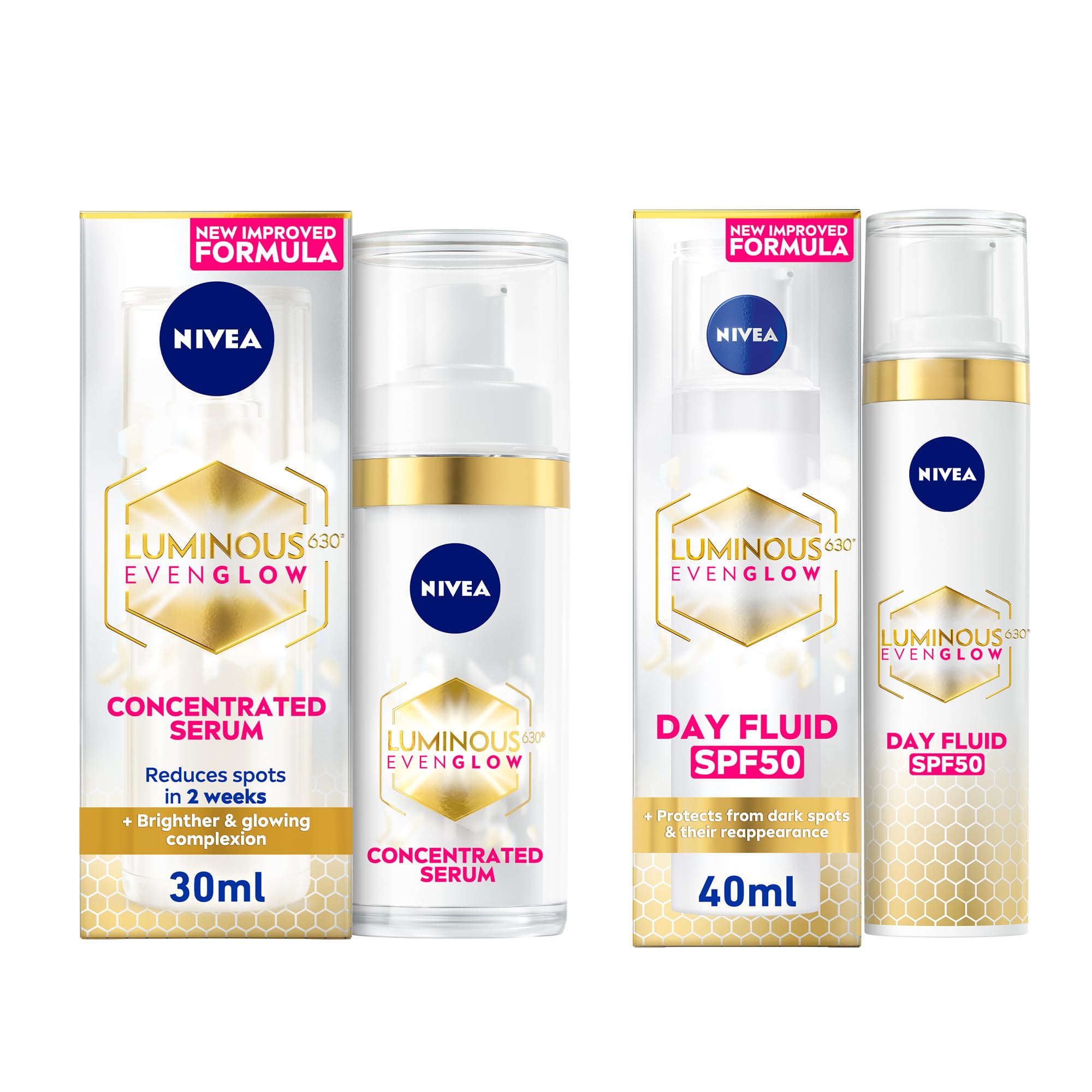NIVEA LUMINOUS 630 EVEN GLOW Anti Dark Spot Bundle: Concentrated Face Serum, 30ml + Face Fluid SPF 50, 40ml