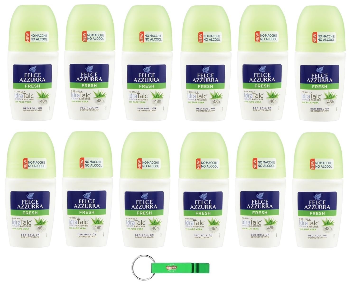 12x Felce Azzurra - Deodorant Roll On Fresh mit Aloe Vera,Formel IdraTalk, Wirksamkeit 48 Stunden, Keine Flecken - 50ml + Beni Culinari Kostenloser Schlüsselanhänger