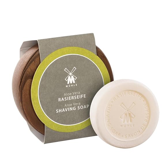 MUHLE Wooden Bowl With Shaving Soap | Aloe Vera | 65 Grams | Shave Soap For Men | Steamed Ash Shaving Bowl | Rich &amp; Light Soap Formula | Nurturing Shave Soap Lather
