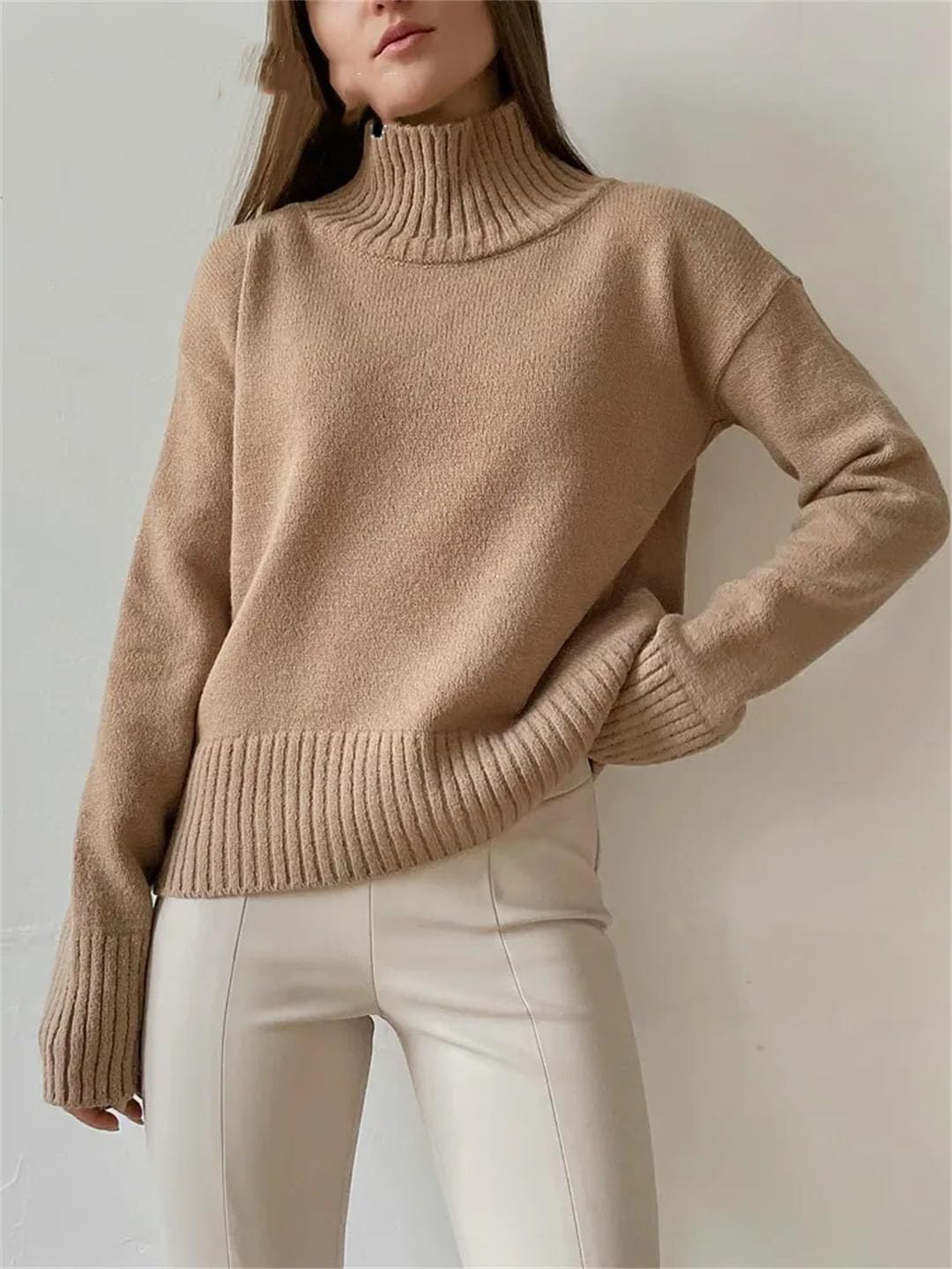 Maglione da donna a collo alto, a maniche lunghe, lavorato a maglia, tinta unita