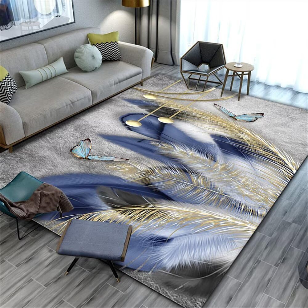 Tapis salon abstrait bleu plume 200x300cm anti-dérapant pour chambre