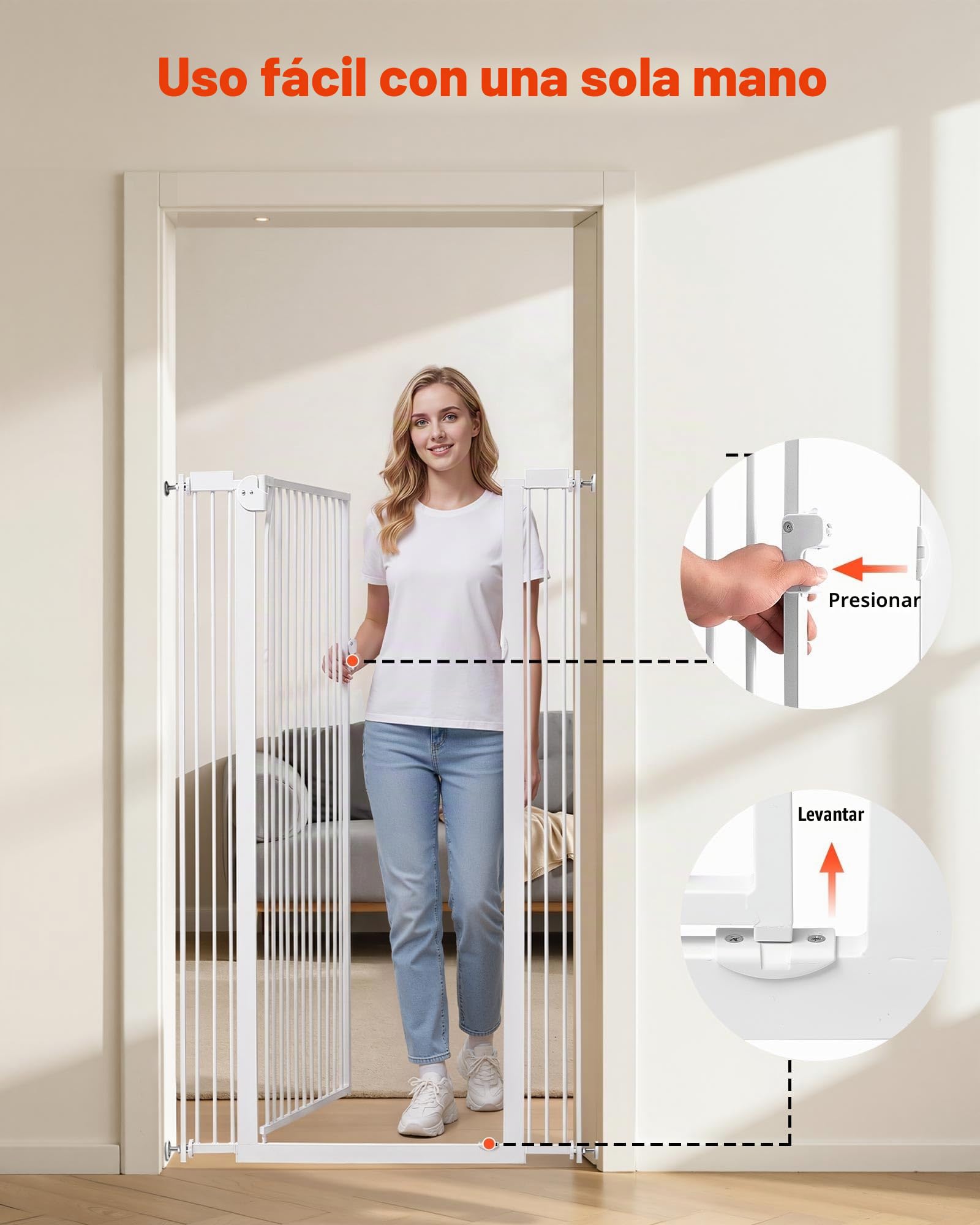 VEVOR Barrera de Seguridad para Niños, Alto Extra de 1420 mm, Ancho Ajustable de 740-1050 mm, Puerta de Seguridad para Perros y Gatos, Kit de Accesorios de Instalación, para Escaleras Pasillos, Blanco