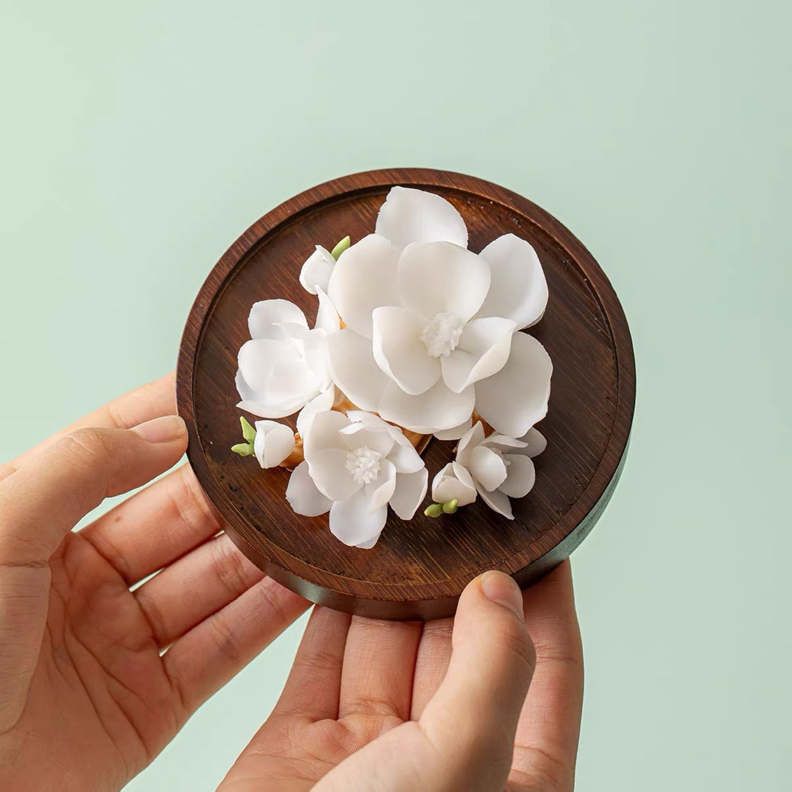Kwiat Magnolii Ceramiczny Mini Dyfuzor Olejków Eterycznych, Drewniana Paleta | Ręcznie Wykonany Kwiatowy Ceramiczny Nieelektryczny Pasywny Dyfuzor Aromaterapeutyczny,White,13cm | 1