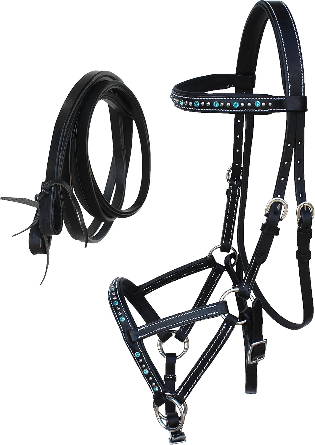 CHALLENGER Horse Western Leather Turquoise Rhinestone Bitless Sidepull Bridle Reins 77RS04TR