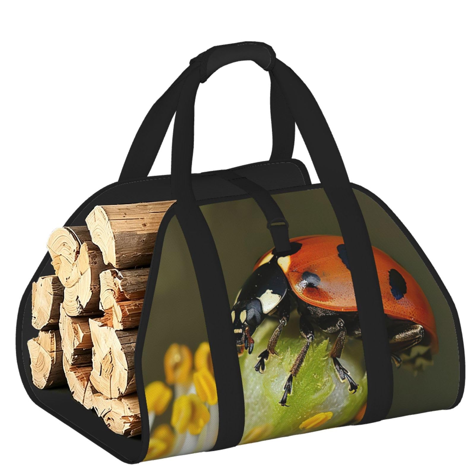 Ladybug Print Firewood Bag Wood Carrier Transport Sack Camping Picnic Storage Daily Home
