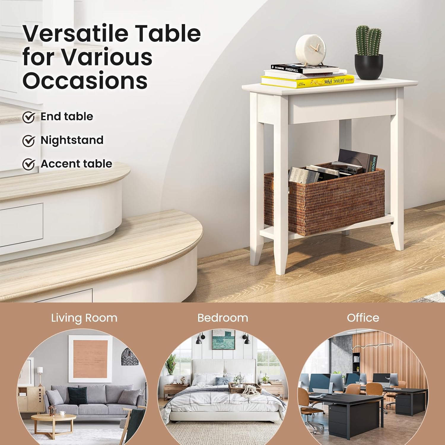 GOFLAME 2-Tier Wedge End Table Set of 2, Narrow Triangle Side Table with Storage Shelf, Solid Wood Legs, Nightstand, Recliner Wedge Table for Living Room, Bedroom, Small Space, White
