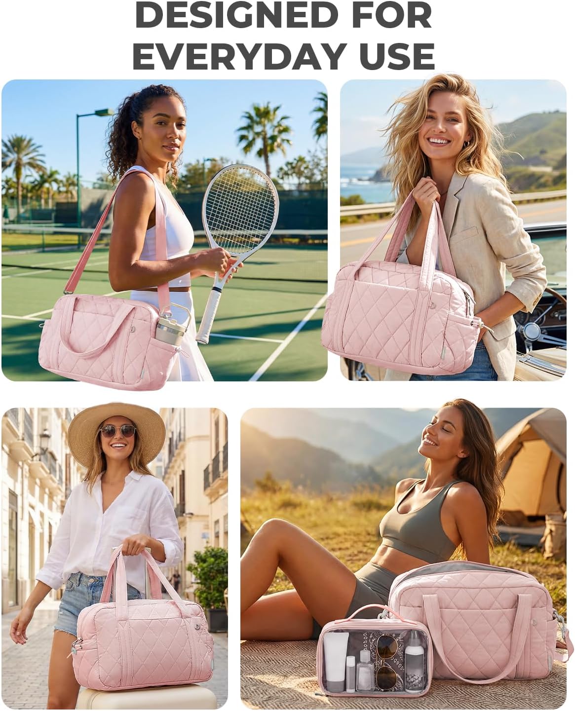 Percover Women Gym Bag with Toiletry Organizer Pouch, Quilted Workout Duffle with Compartments for Daily Fitness & Yoga, Locker-Friendly Soft Carry, Blush Pink