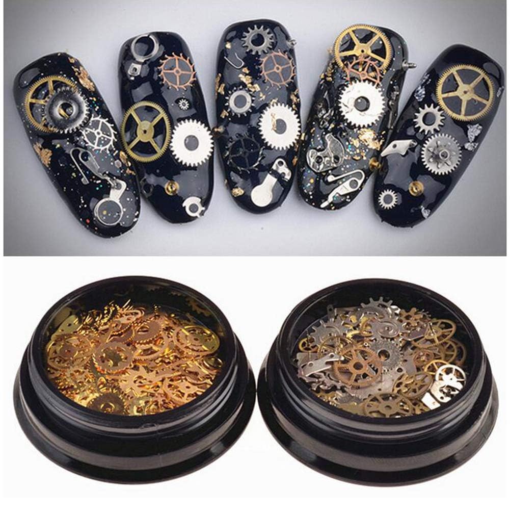 2Box (200-300PCS) Mixed Pattern Ultra-thin 3D Metal Steampunk Gears Charms DIY Pendant Clock Watch Wheel Gear Nail Studs Nail Art Decorations Alloy Manicure DIY Nail Tips Accessories