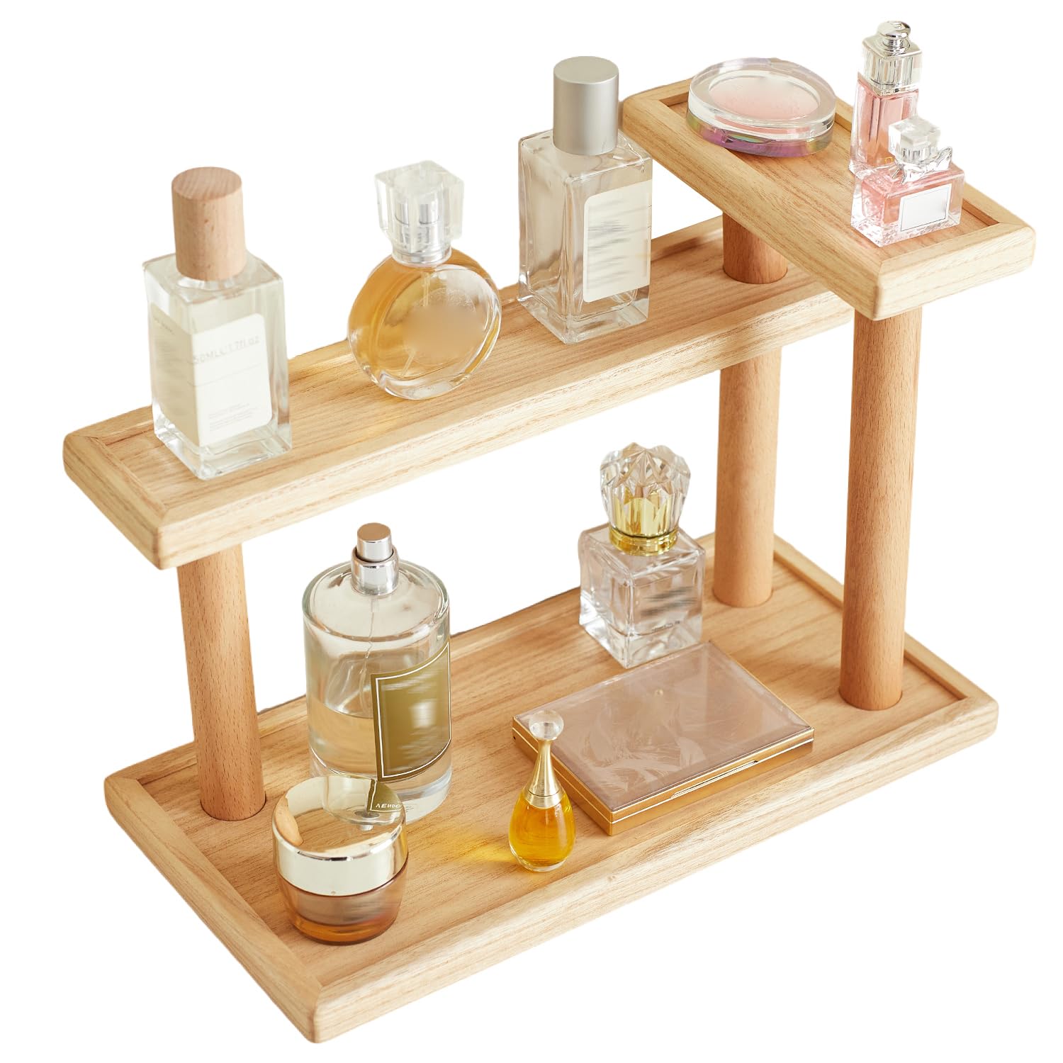 KIRIGEN 3-Tier Decor Display Riser, Paulownia Wood Step Shelf with Beech Supports, Wooden Countertop Stand Organizer for Entryway, Bedroom, Vanity for Perfumes, Cosmetics, Jewellery, Keys(ZWJ-NA)