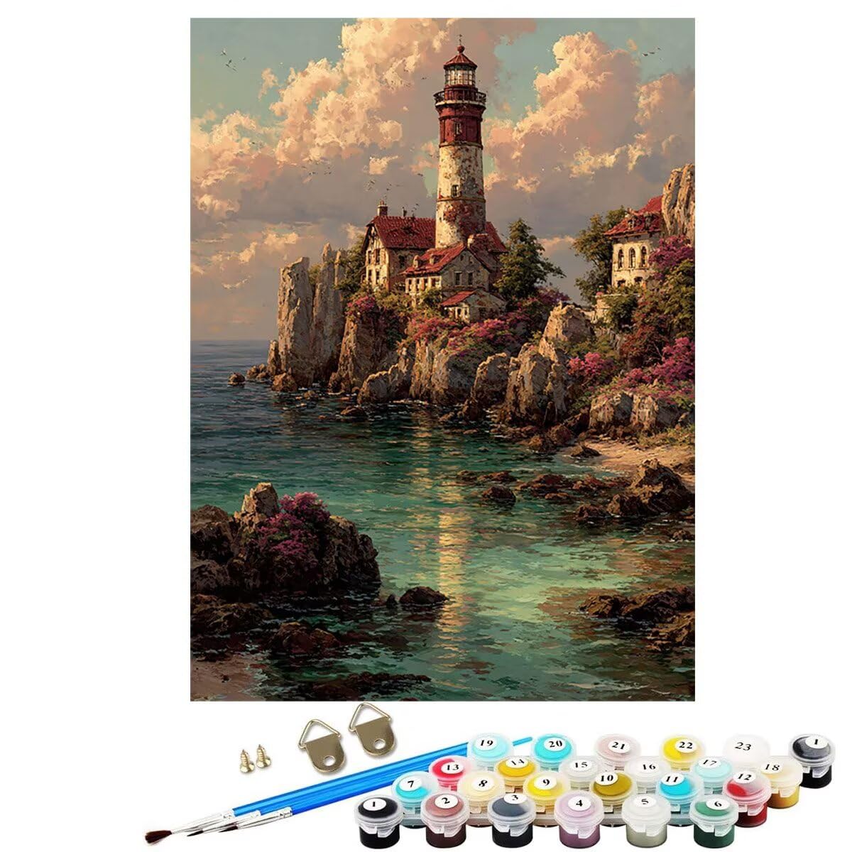 Landschaft Leuchtturm Malen Nach Zahlen Erwachsene, Paint by Numbers Adult Set, Heimwerk Malen Nach Zahlen Kinder Mit Rahmen, Pinsel und 36 Acrylfarbe Als für Deko Wohnzimmer 60 x 80 cm BJHDK445