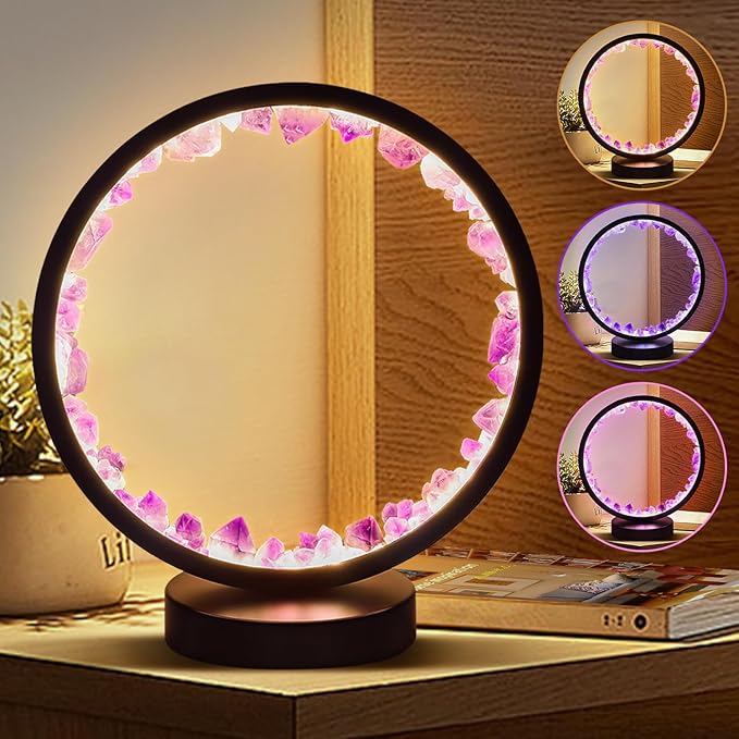 Amethyst Bedside Lamp,Healing Crystal Night Light,3-Colors Ambient Lighting USB Dimming Table Light,Natural Energy Decor for Bedroom Home Dating Gift