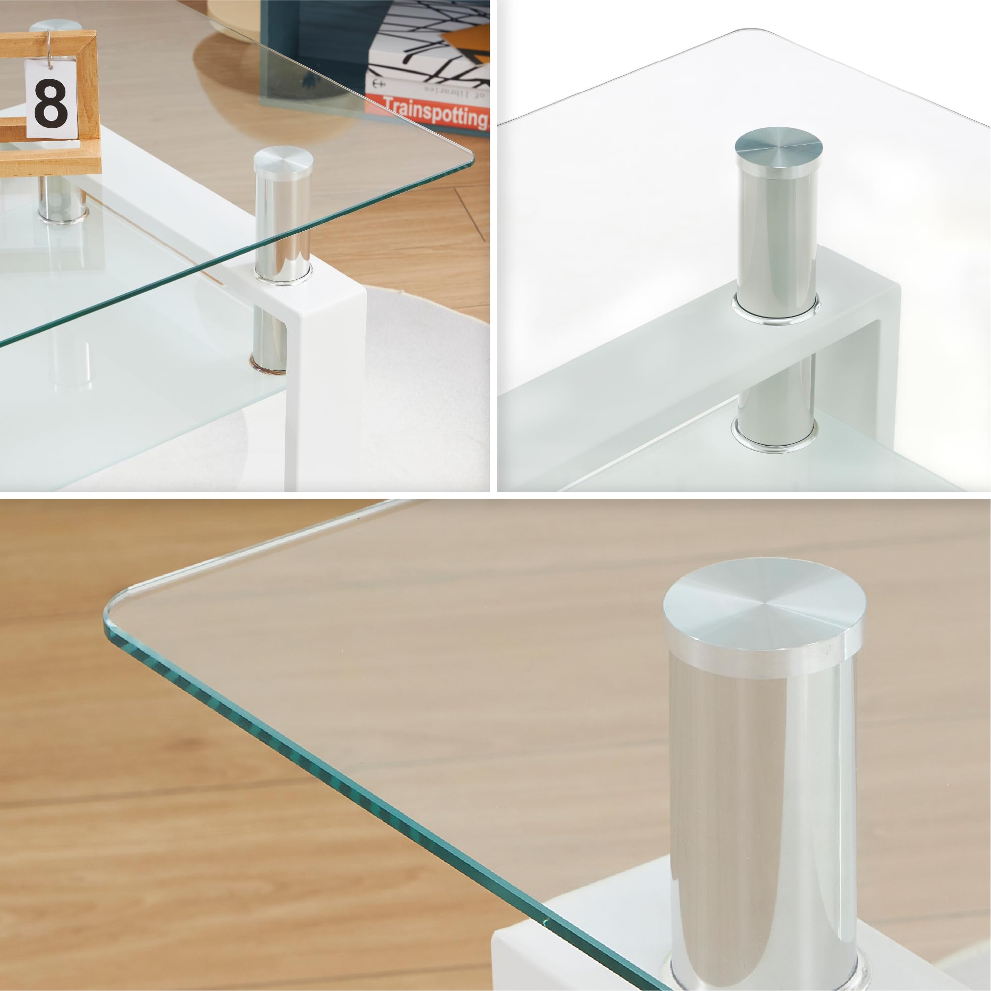 Mesa de Centro 100 x 60 x 44 cm Porter, Mesa de Cafe Rectangular con Vidrio Templado Transparente 6 mm y Estructura Blanca, diseño Elegante, para salón y Zona Lounge