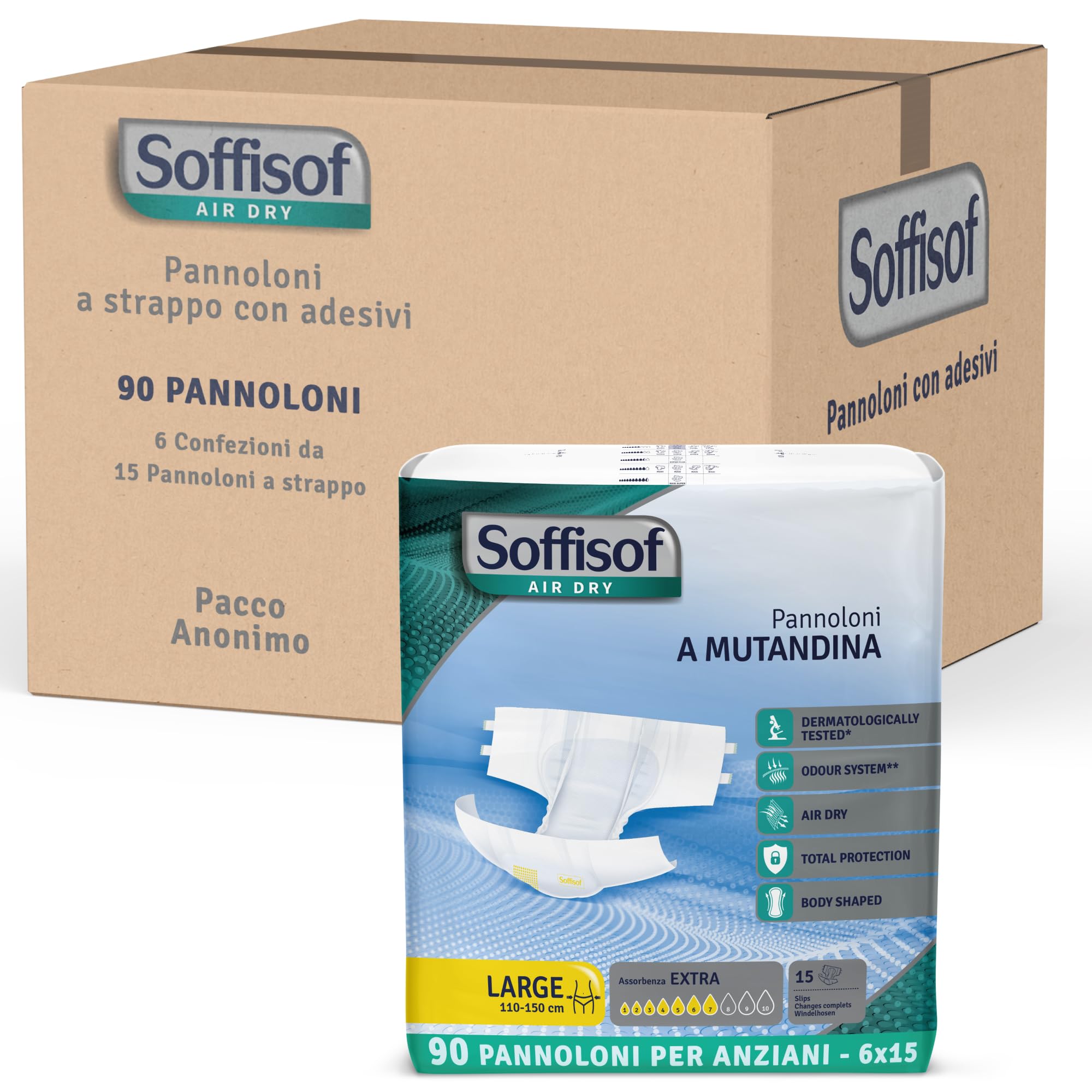 Soffisof Air Dry Pannoloni con Adesivi Extra L - 90x Pannoloni per Anziani a Mutandina - 6 Confezioni da 15 Pezzi, Assorbenza fino a 7 Gocce - Ausili Incontinenza Uomo e Donna