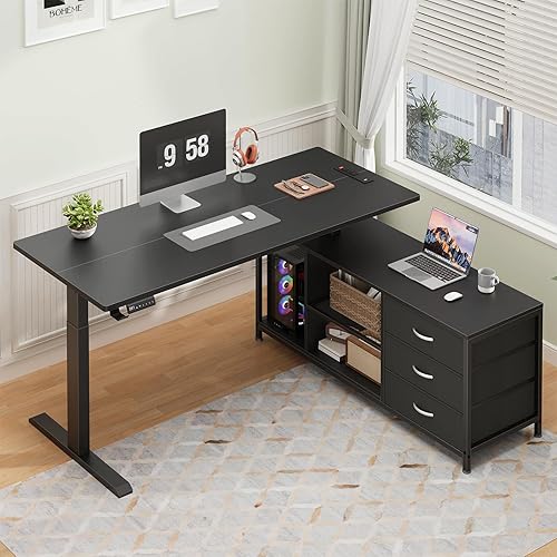 Escritorio eléctrico de pie en forma de L con cajones y estantes, escritorio de computadora de esquina ajustable en altura con tomas de corriente,