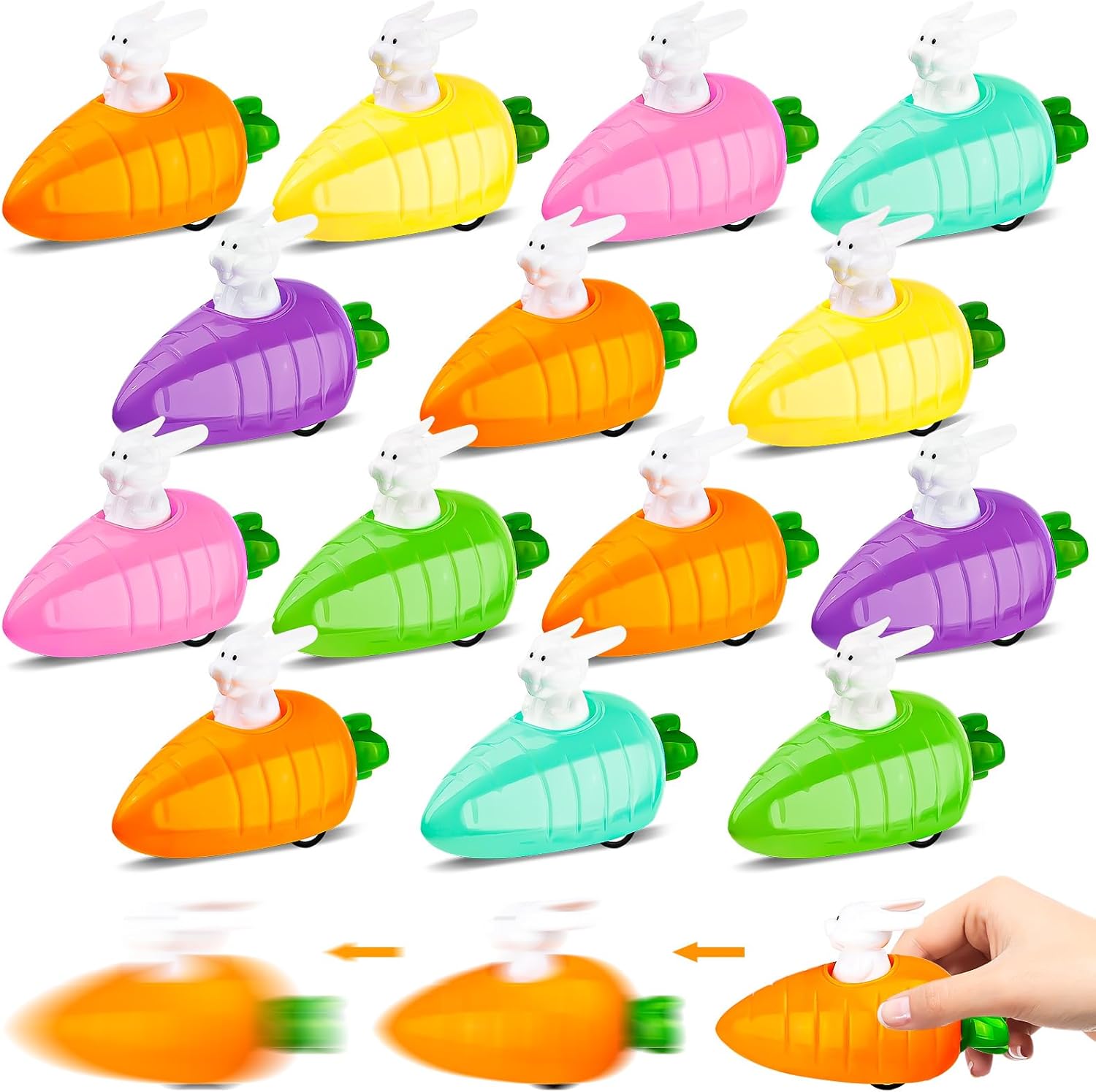 14Pcs Easter Pull Back Cars Toys, Bunny Cars Carrot Cars Rabbit Fun Toy for Toddler Boy Girl, Plastic Easter Eggs Filler Present for Kids