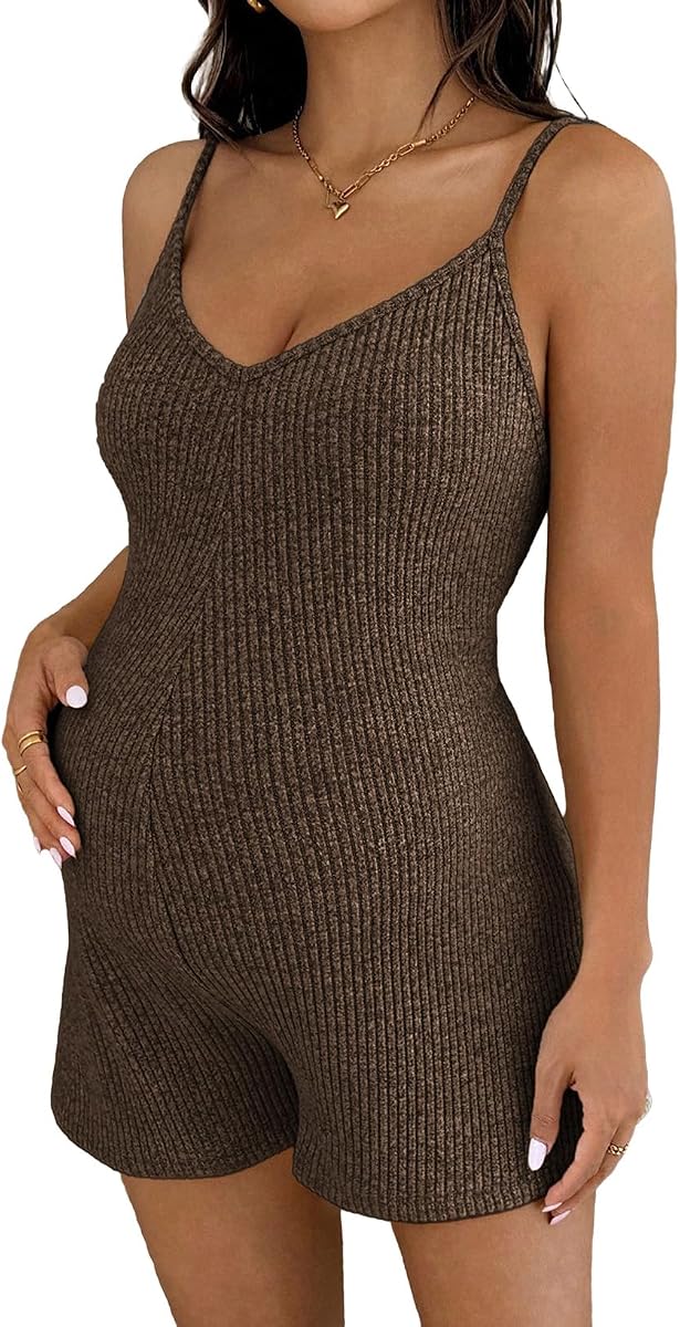 BLENCOT Maternity Ribbed Stretchy Romper V Neck One Piece Shorts Jumpsuits