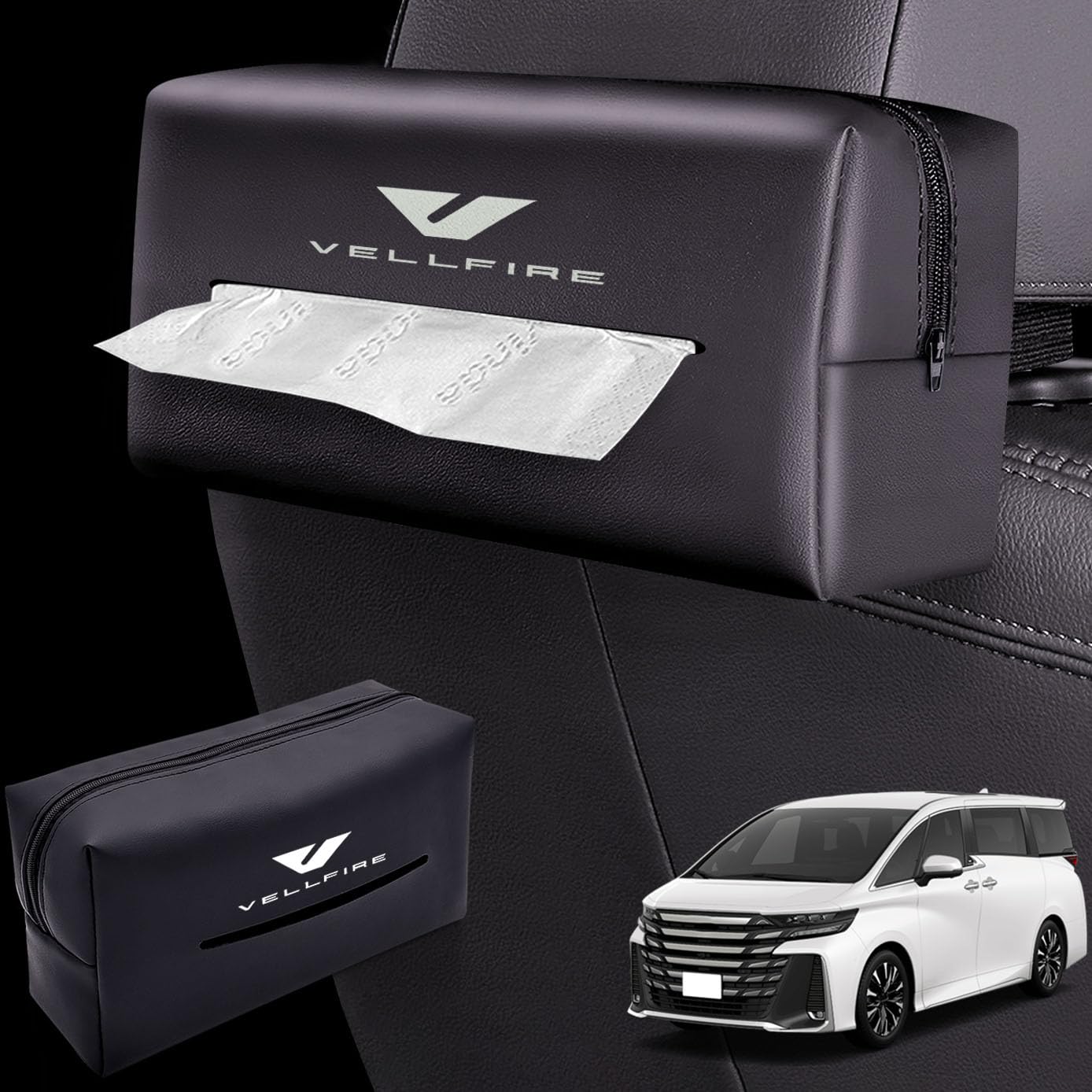 HUDIY(フーディ)新型ヴェルファイア 40系専用 車用ティッシュケース 大容量のカスタマイズ ティッシュホルダー 収納ボックス 専用カスタム レザー材質 片手操作 防水 装着簡単 取り付け簡単 吊り下げ カー用品 サンバイザー 収納(ブラック)