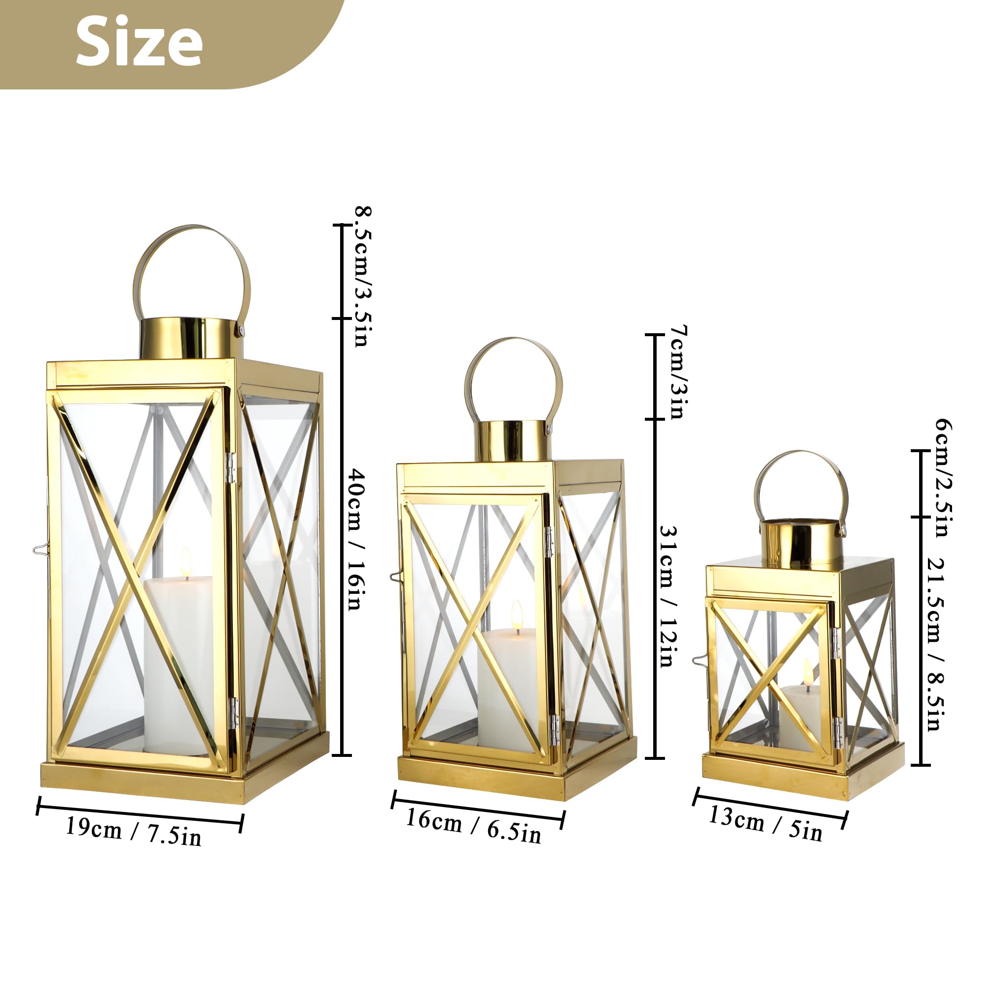 TRIROCKS Set di 3 Lanterne in Acciaio Inossidabile Eleganza Quadrata 40, 31, 21 cm, Portacandele in Metallo con Manico e Pannelli di Vetro Trasparente per Decorazioni Esterne (Oro)