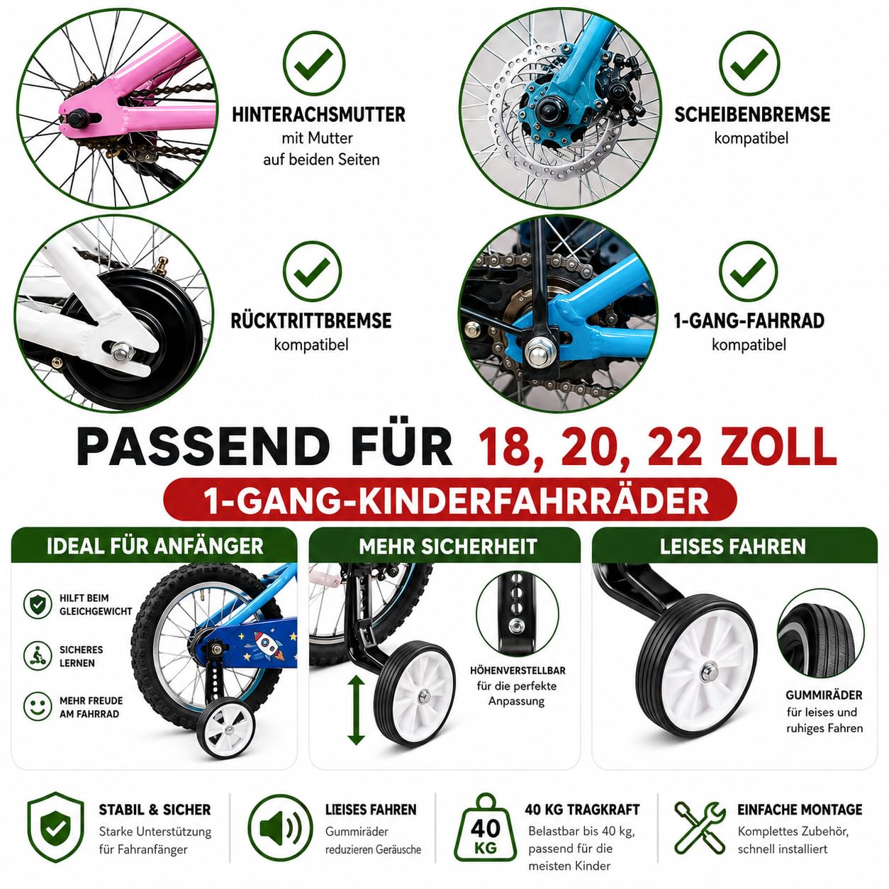 Kinderfahrrad Stützräder aus Kohlenstoffstahl, Universelle Stabilisatoren für 18 20 22 Zoll Fahrräder Sicherheitsunterstützung für Kinder, Inklusive Verlängerungsschrauben für Gangschaltung