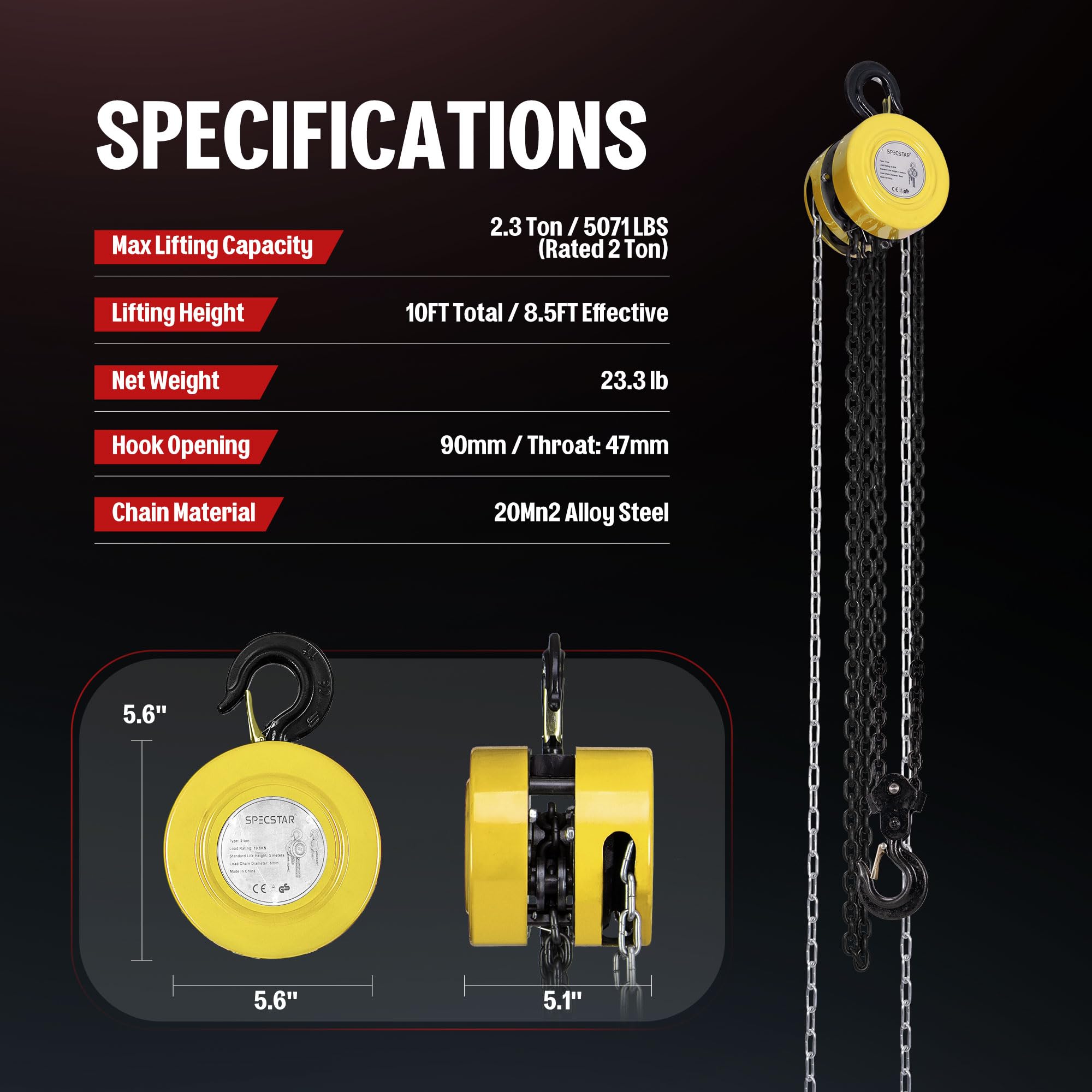 SPECSTAR Hand Chain Hoist with 2 Heavy Duty Hooks, Ręczny Wciągnik Łańcuchowy Udźwig 2000 kg z Hakiem Obrotowym 360° i Wysokością Podnoszenia 3 m