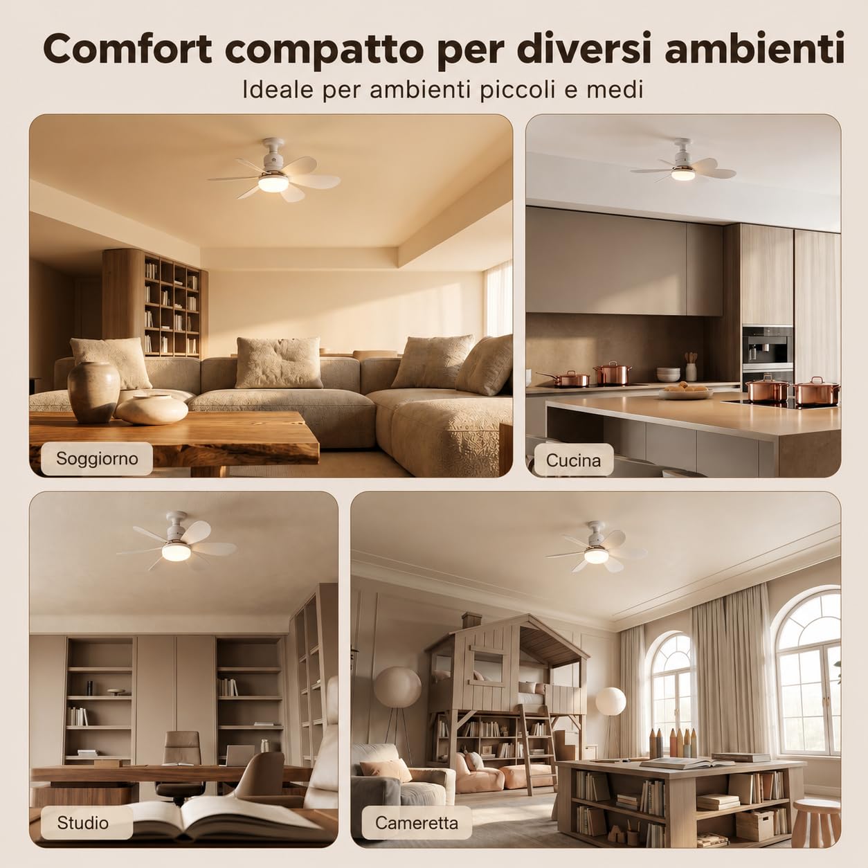 MARSI Ventilatore da Soffitto con Luce LED 52 cm, Lampadario con Ventilatore E27, 6 Pale, Motore DC, 3 Velocità, Luce Dimmerabile, Telecomando IR, per Camera e Soggiorno