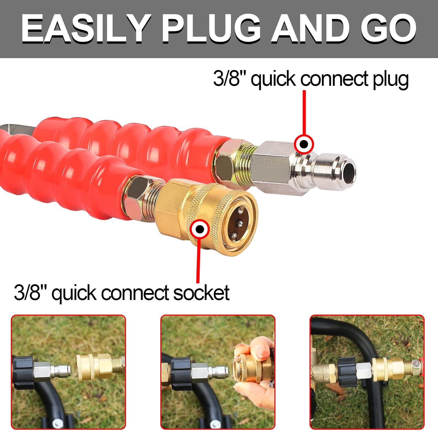 3/8'' Pressure Washer Hose 100 FT, Hot and Cold Water Power Washer Hose Max 248°F, Commercial Industrial Grade Steel Wire Braided Kink Proof Extension Hose with 3/8 Quick Connect -4800 PSI
