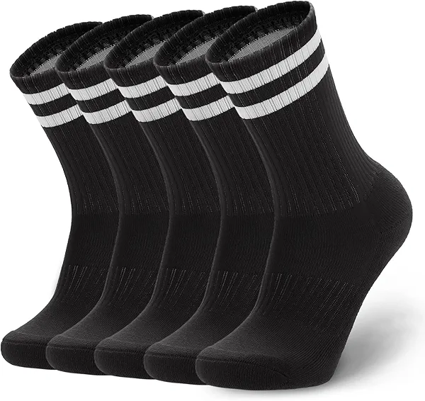 Ultrafun 5 Pairs Striped Crew Socks Cotton Cushioned Athletic Sports Running Socks for Men Women Teens (Large, Black)