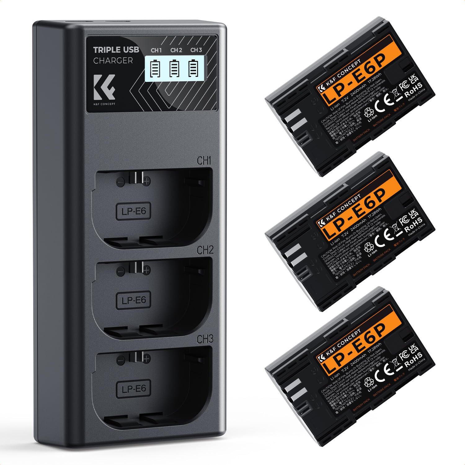 K&F CONCEPT 3-Pack LP-E6P Batería 2280mAh y Cargador, Compatible con Canon R6 Mark II/III, R5 Mark II, C50, R5 R6 R7, 5D 6D 7D Mark II y más.