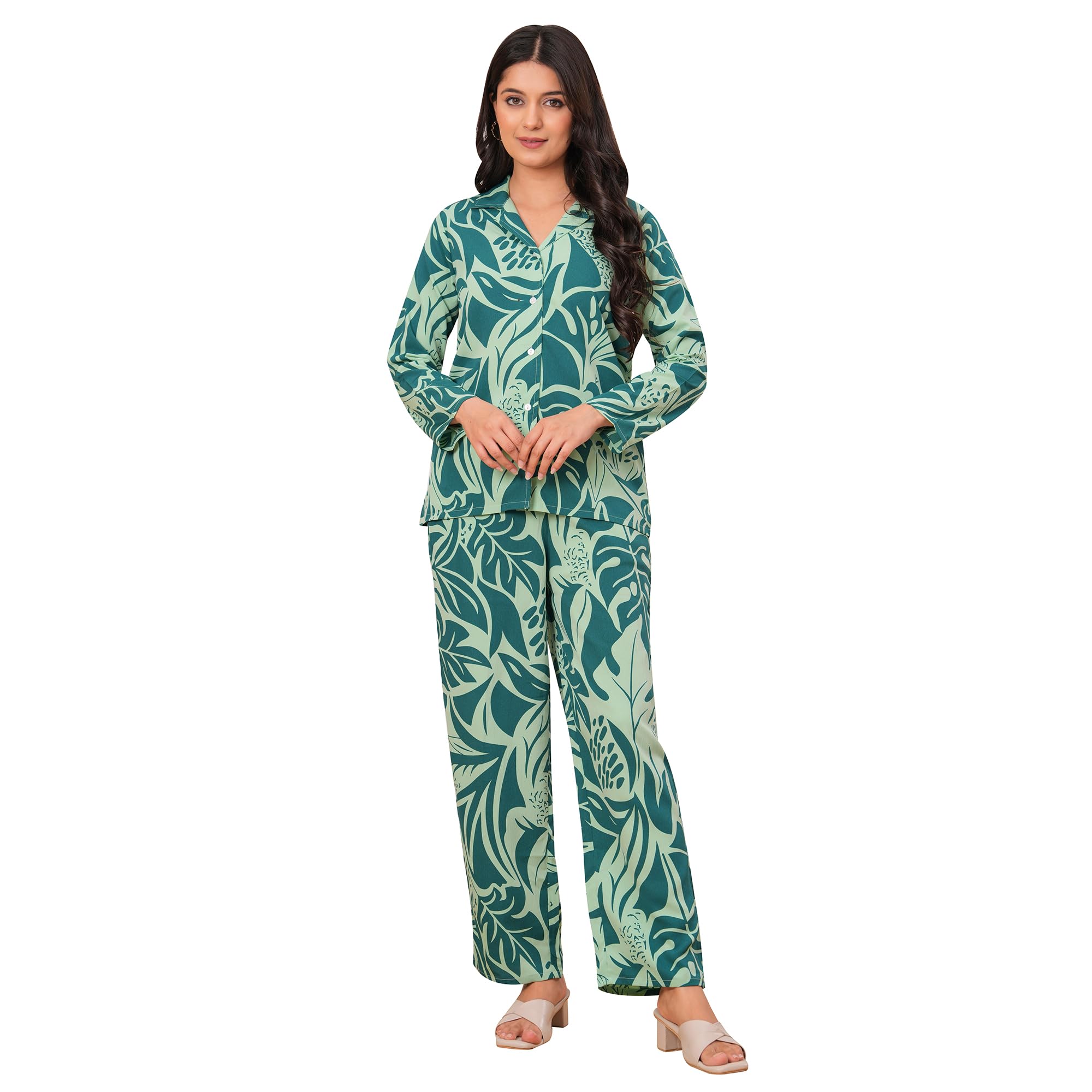 Women's Leaf Print Co-ords Set, Libra Crepe, Bouquet, Night Suit for Women's and Girls