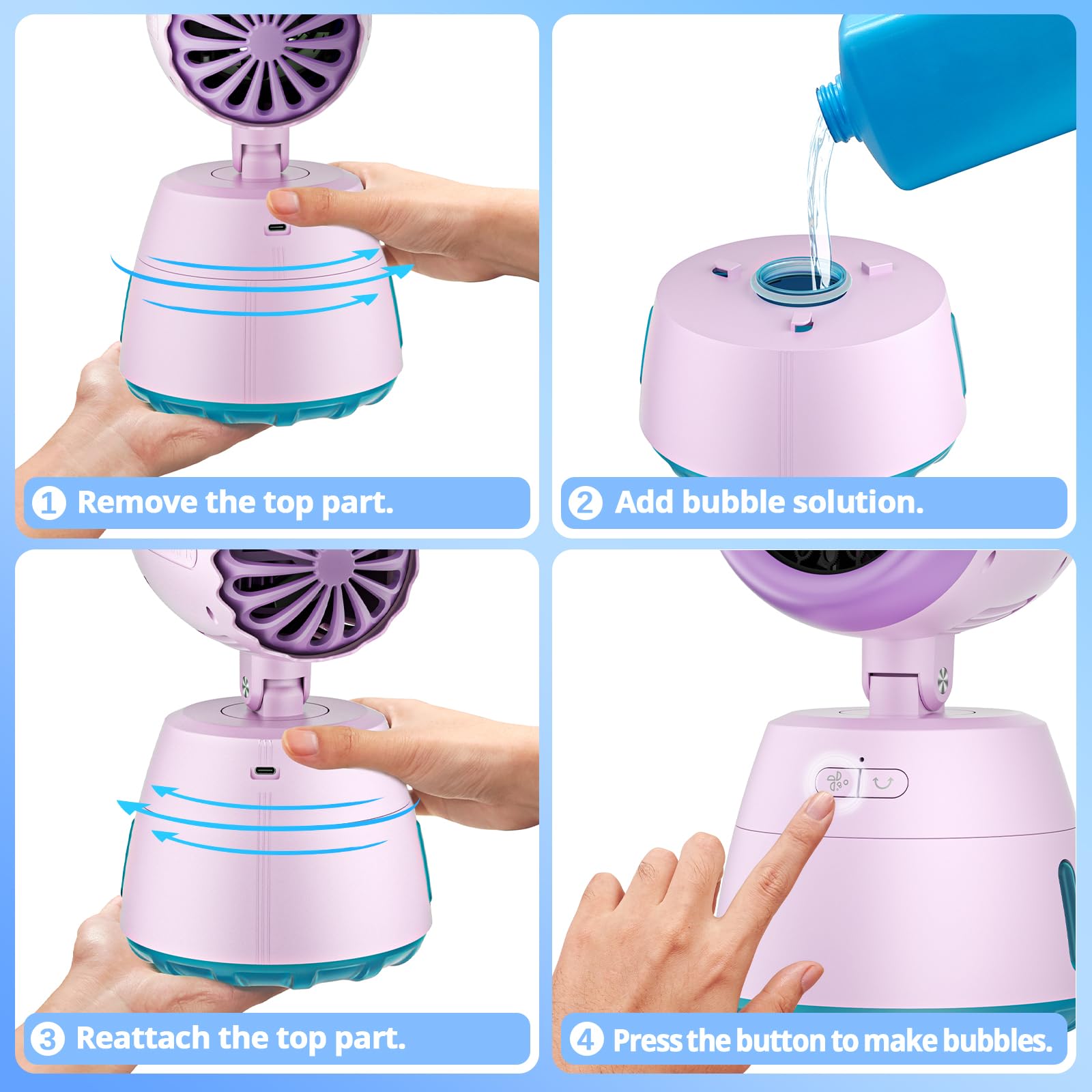 Kid Odyssey Automatische Seifenblasenmaschine, Bubble Machine 40°/270°drehbar, 1000ML wiederaufladbare Blasenmaschine mit 20000+ Blasen, Bubble Maker für Outdoor/Party/Hochzeit, Violett
