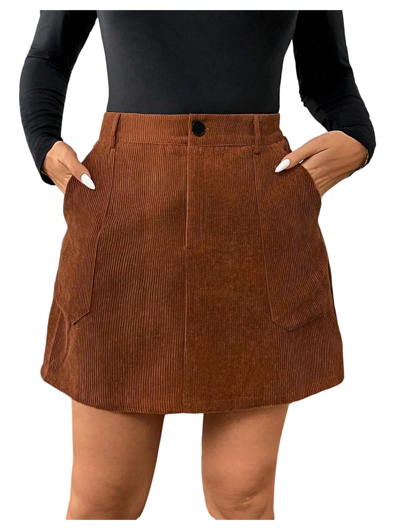 MakeMeChic Womens Plus Size Corduroy Mini Skirt High Waisted Zip Fly A Line Button Fall Winter Skirts