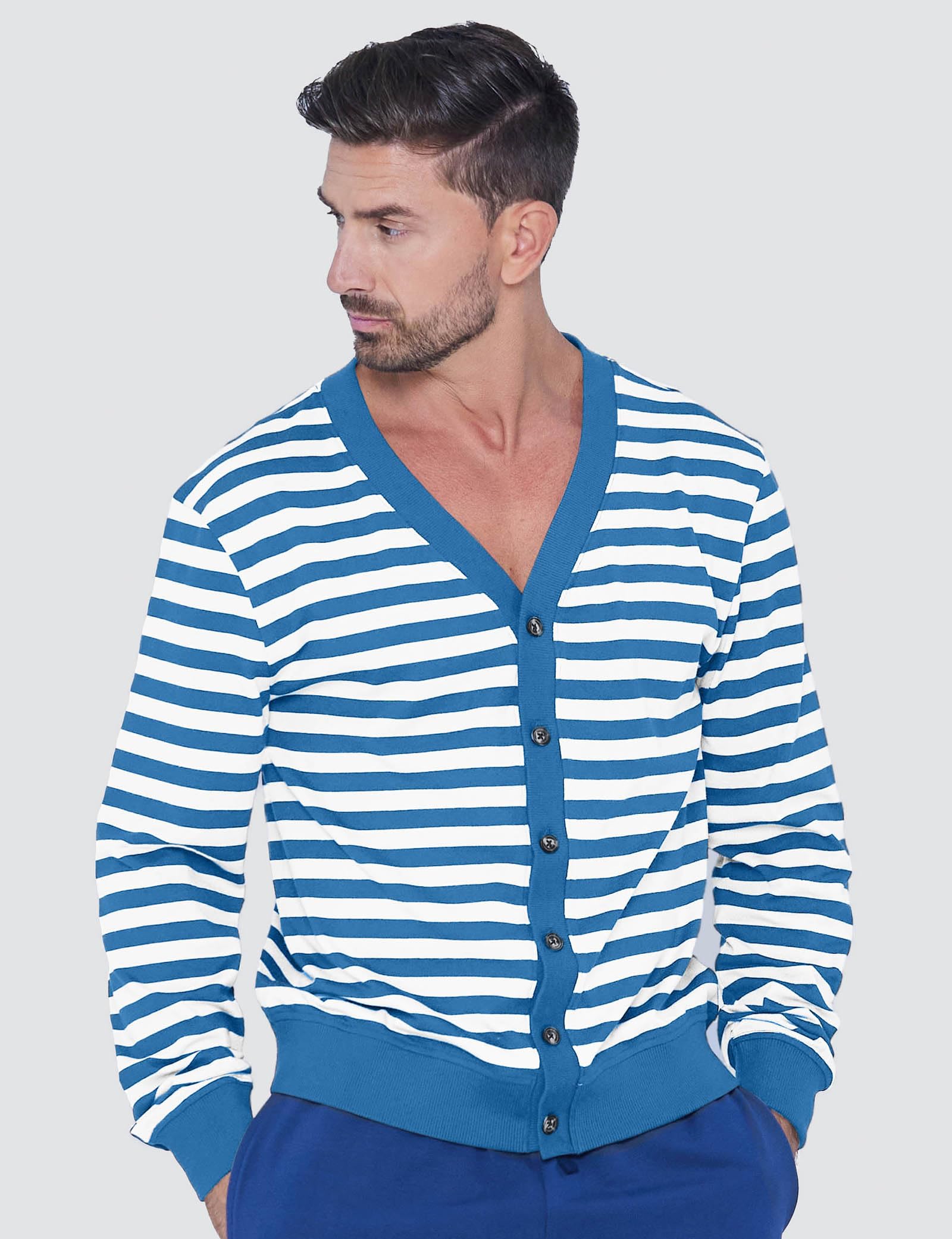 Cárdigan a rayas con cuello en V y botones frontales para hombre, con ribete acanalado, ajuste regular, elegante y versátil para cualquier ocasión